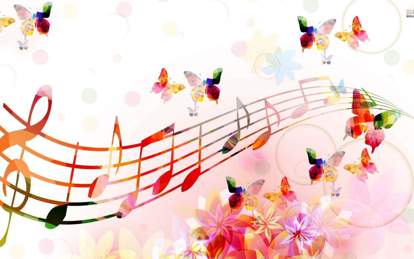 Cute Music 桌布 壁紙 — 鮮豔的蝴蝶和音符在柔和的粉彩背景上旋轉，形成色彩繽紛的抽象設計。
