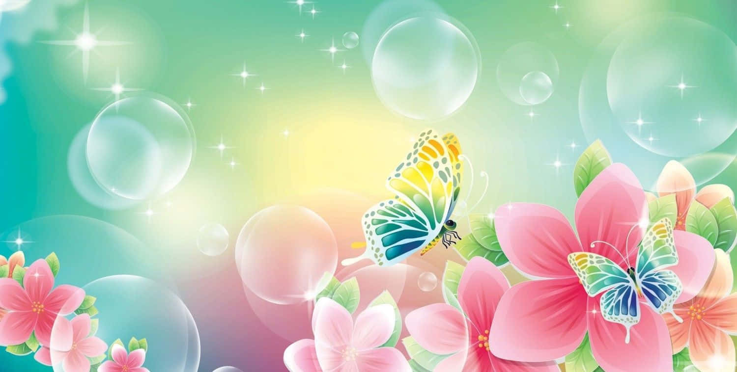 Spring Butterflies 桌布 壁紙 — 鮮豔的蝴蝶在粉紅花朵和漂浮的泡泡間飛舞，背景是閃爍的漸變天空。