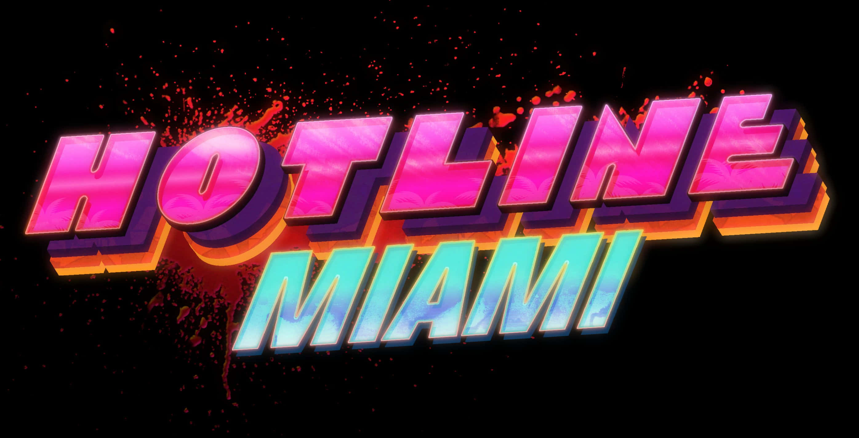 Hotline Miami 桌布 壁紙 — 鮮豔的螢光粉紅和藍色3D文字拼出'HOTLINE MIAMI'，帶有橙色光芒和紅色飛濺，背景為黑色。