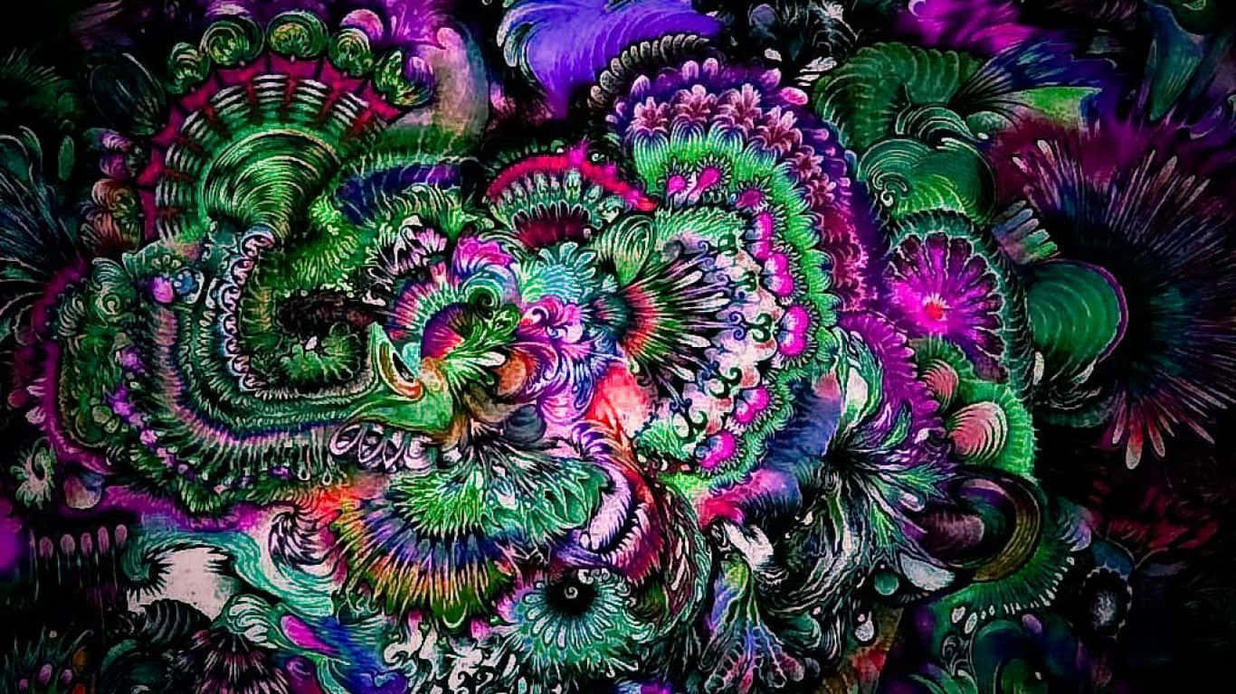 Tripping 桌布 壁紙 — 鮮豔的迷幻分形圖案在深色背景上以霓虹綠、紫色和粉紅色旋轉。