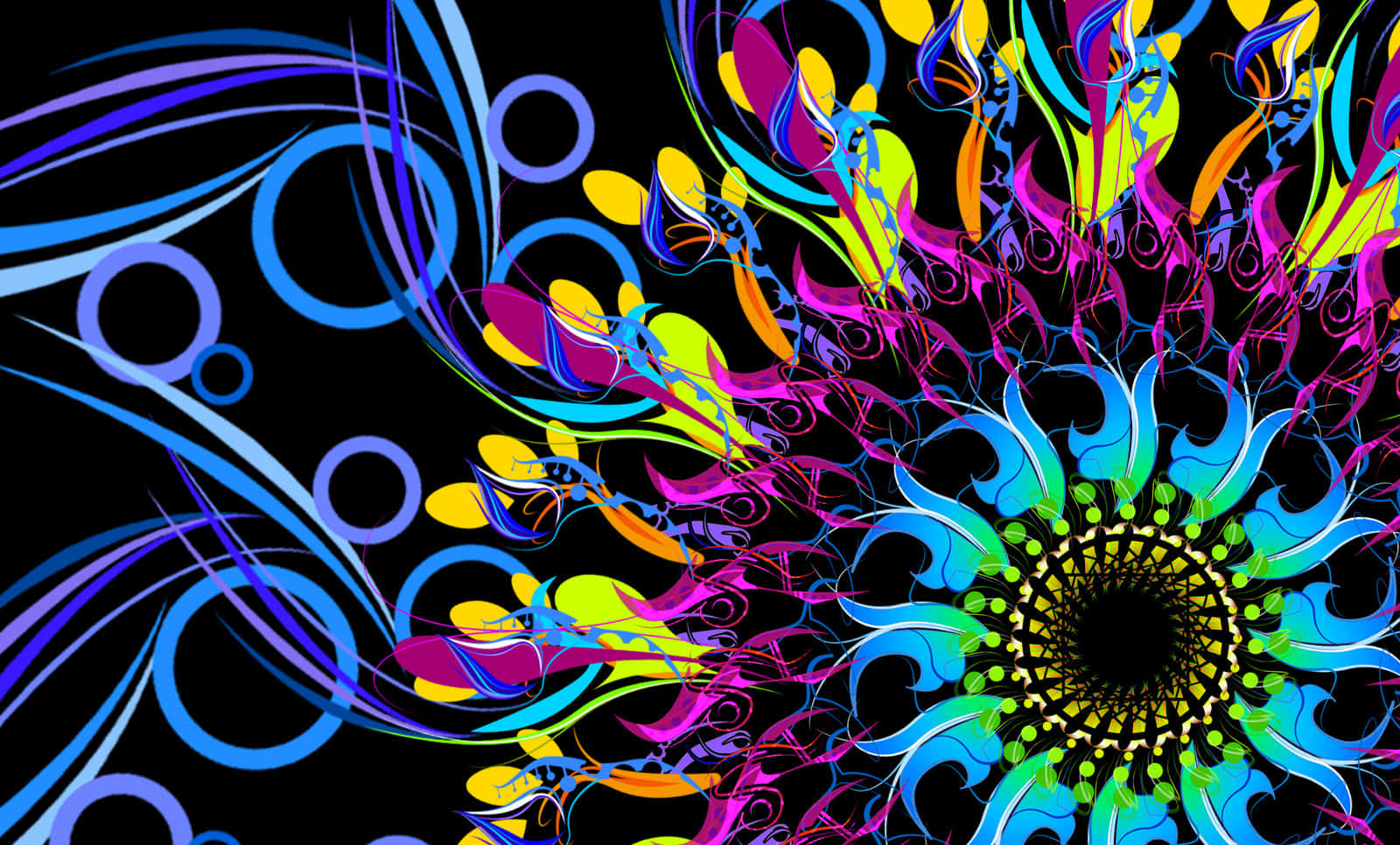 Psychedelic Flowers 桌布 壁紙 — 鮮豔的迷幻漩渦和發光的圓圈從黑色背景上的彩色隧道中爆發出來。