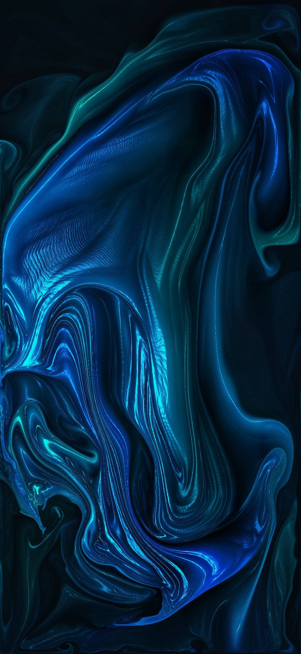 Blue Abstract 桌布 壁紙 — 鮮豔的電光藍色液體在深黑色背景上以平滑起伏的波浪流動。