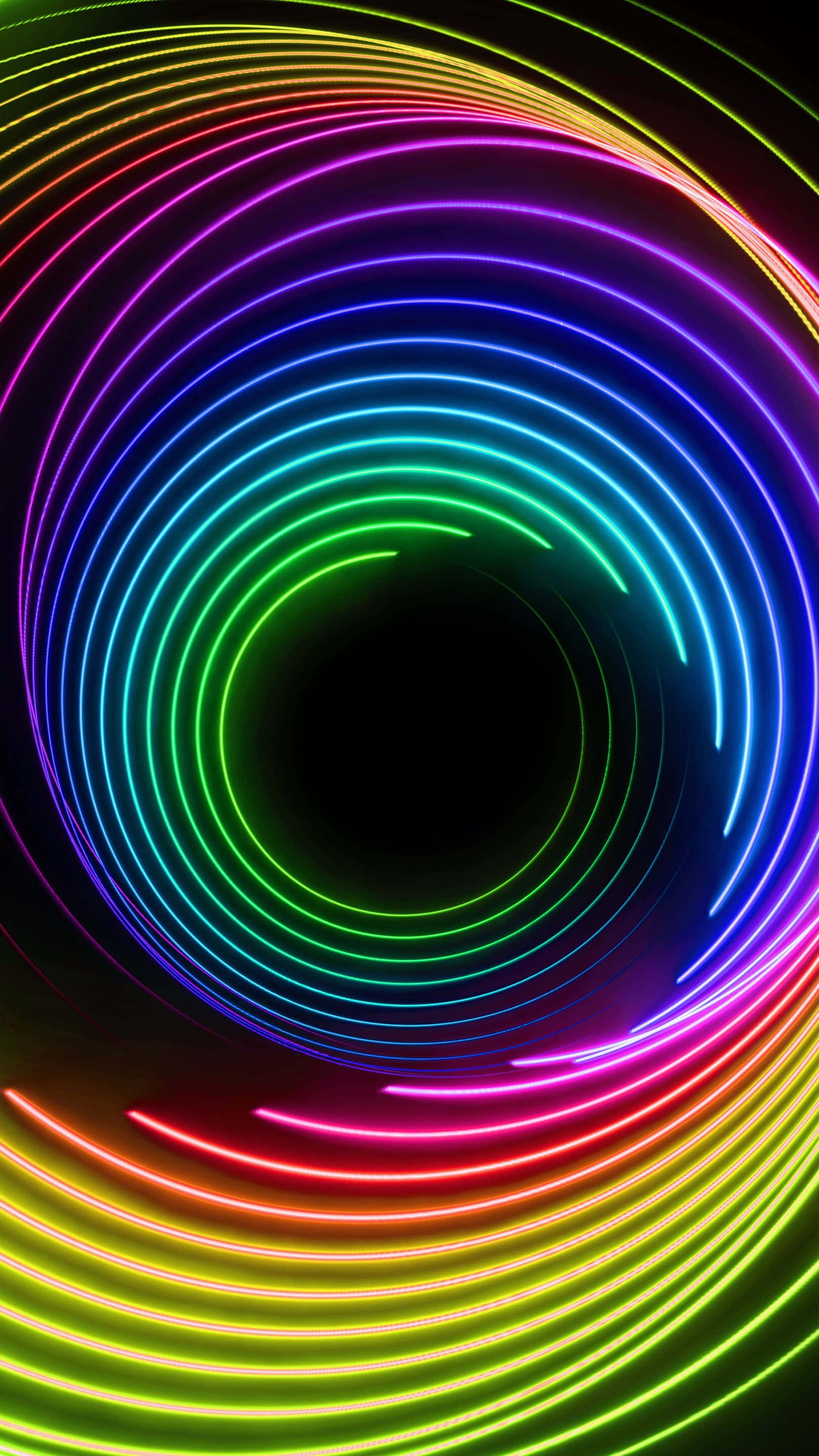 Trippy Neon Lights 桌布 壁紙 — 鮮豔的霓虹光軌在黑色虛空中向內螺旋，形成催眠般的彩虹漩渦。