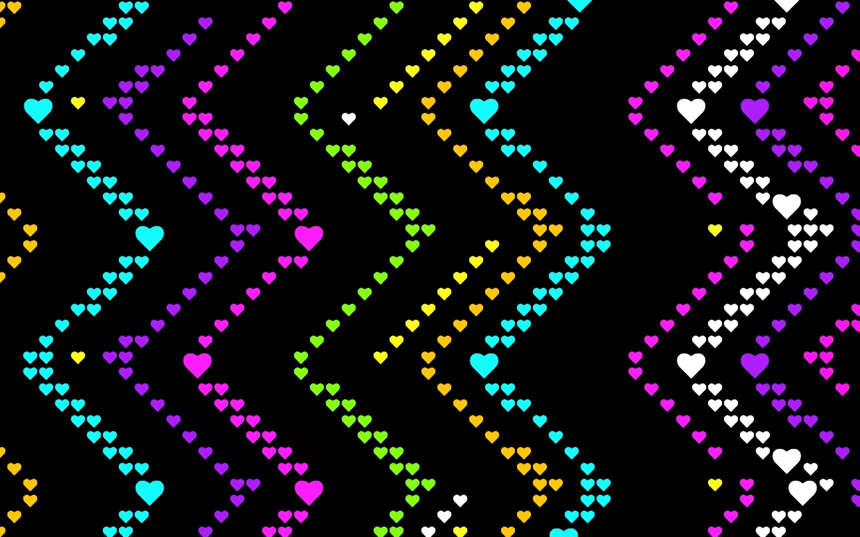 Heart Pattern 桌布 壁紙 — 鮮豔的霓虹心形以對角線流動在黑色背景上層疊，形成動態的數碼圖案。
