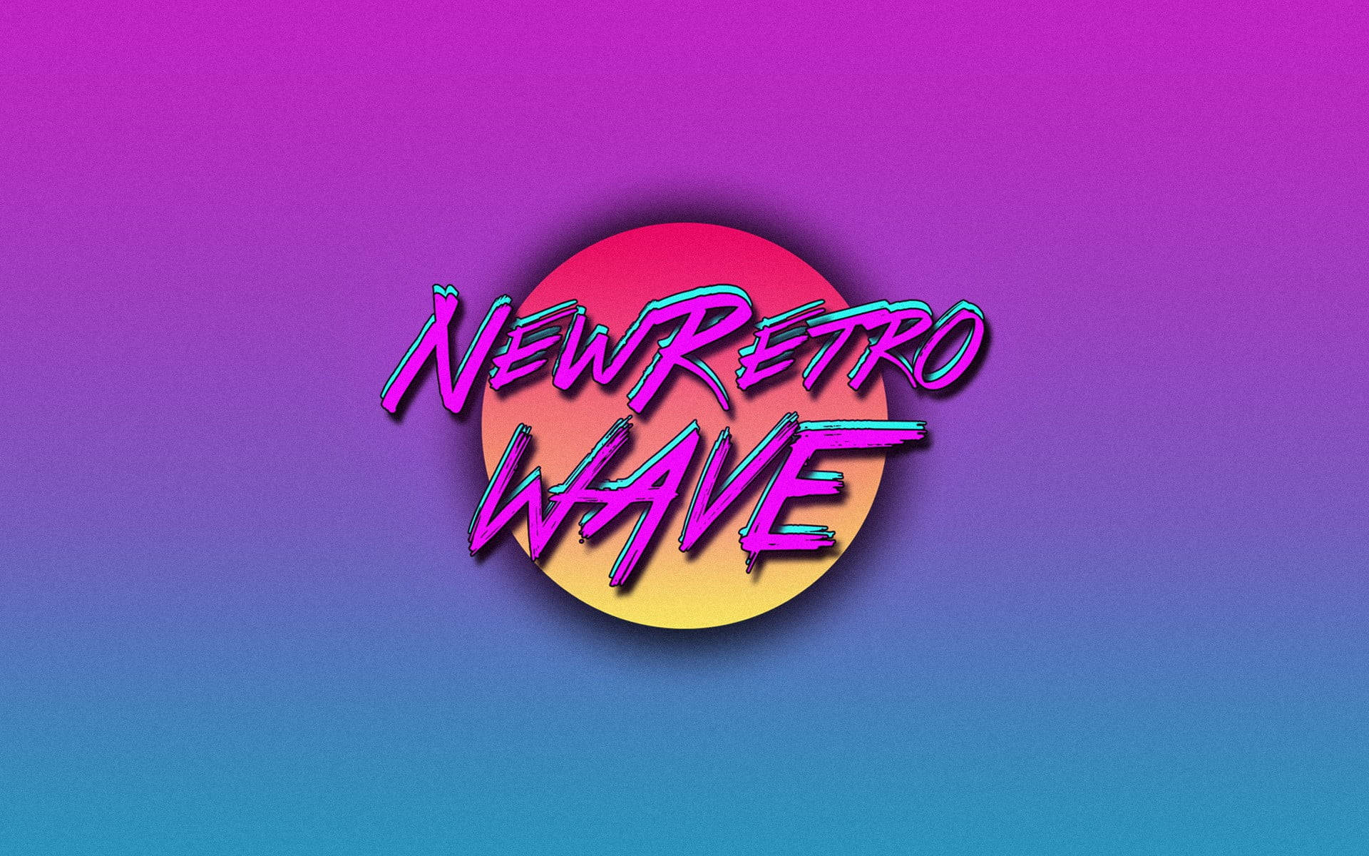 漸變動畫 桌布 壁紙 — 鮮豔的霓虹文字「NEWRETRO WAVE」在帶有彩色太陽爆發效果的漸變紫藍色背景上發光。