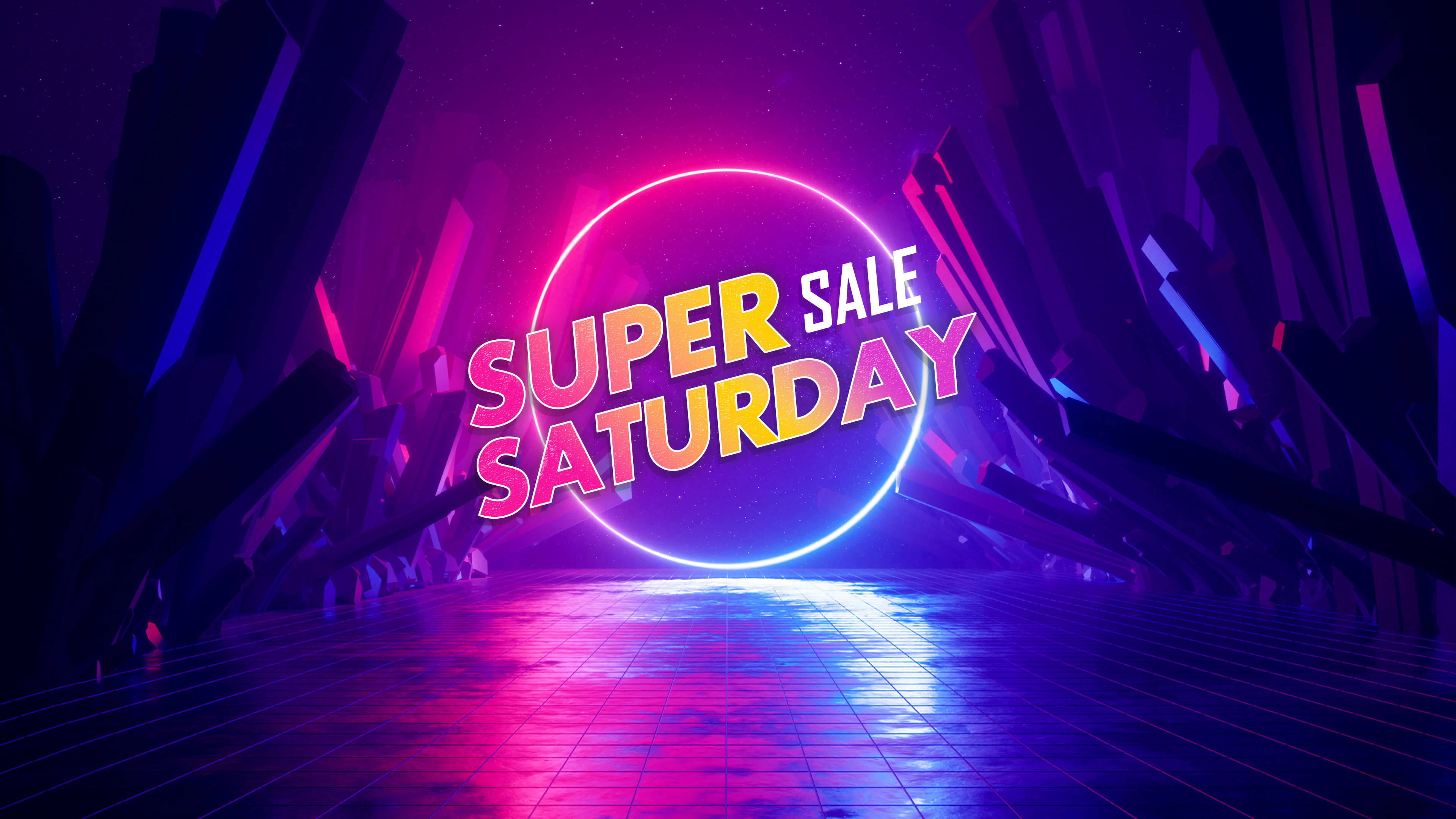 saturday 桌布 壁紙 — 鮮豔的霓虹燈 'SUPER SALE SATURDAY' 文字在發光的環內閃耀，背景是未來感的紫色和粉紅色幾何圖案。