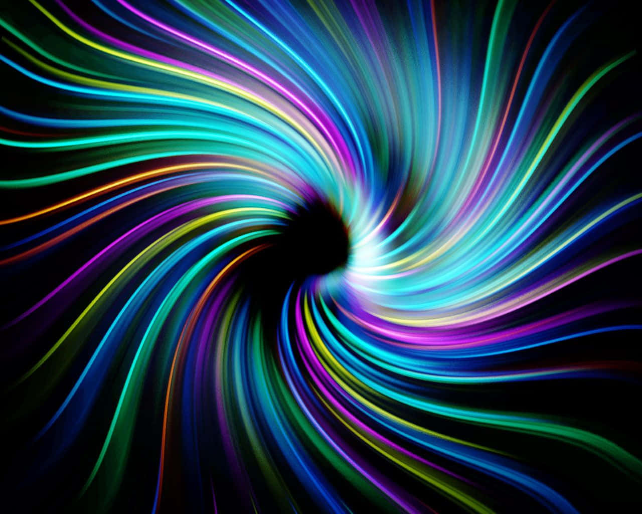 Neon Lights 桌布 壁紙 — 鮮豔的霓虹燈光條紋在黑色背景上向內螺旋，朝向黑暗的中心。