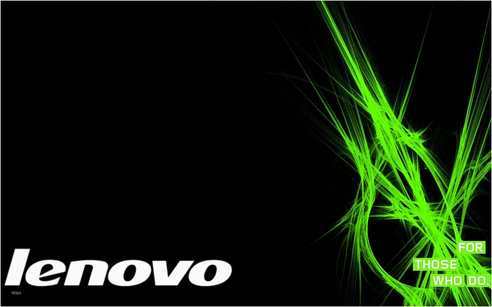 Lenovo 桌布 壁紙 — 鮮豔的霓虹綠色分形線條在黑色背景上爆發，帶有白色 Lenovo 標誌和標語。