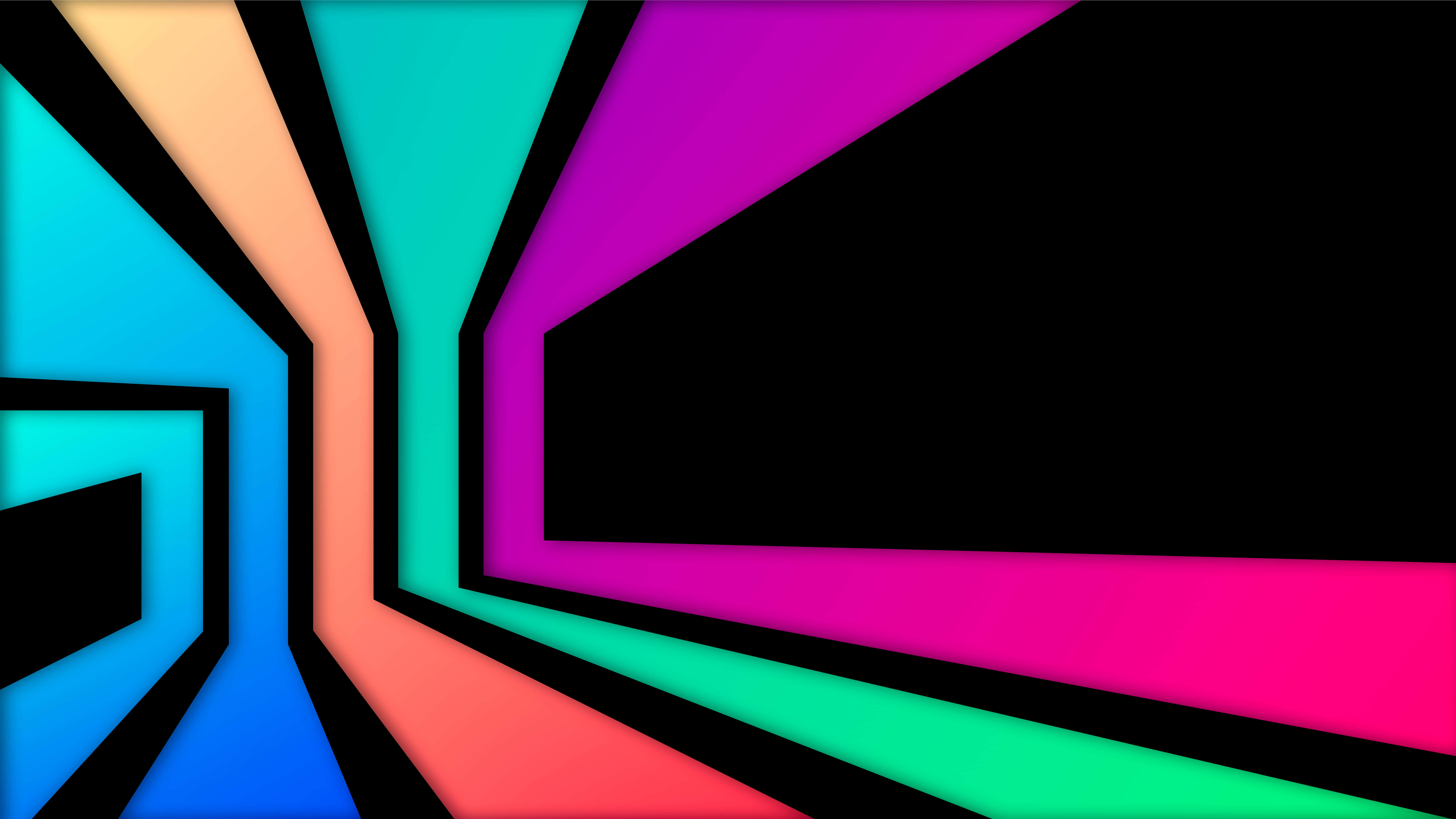 Minimalist Colorful 桌布 壁紙 — 鮮豔的霓虹色幾何形狀從中央黑色虛無向外輻射，構成大膽的數碼抽象作品。