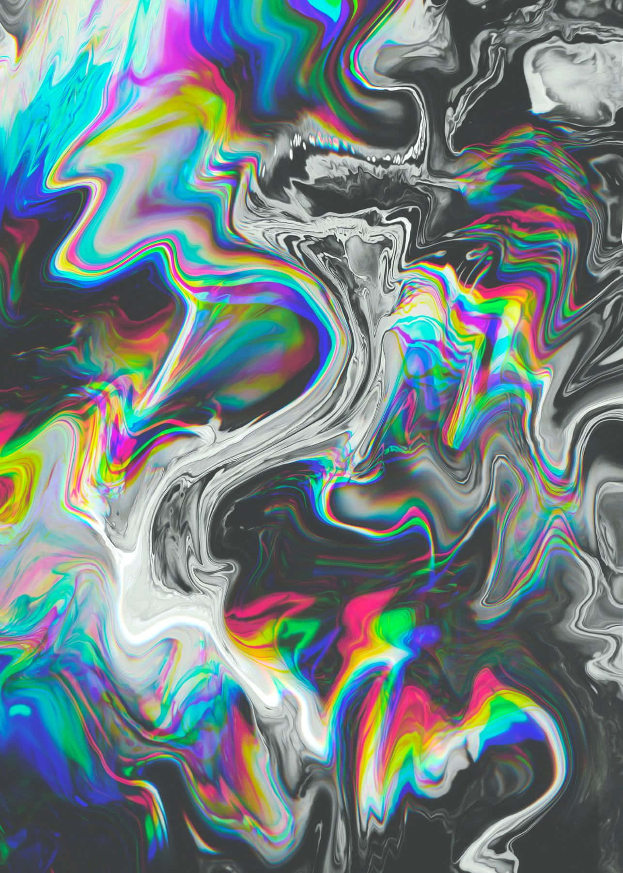 Trippy Art 桌布 壁紙 — 鮮豔的霓虹色彩在強烈的黑白背景上流體般旋轉，營造出迷幻的抽象圖案。