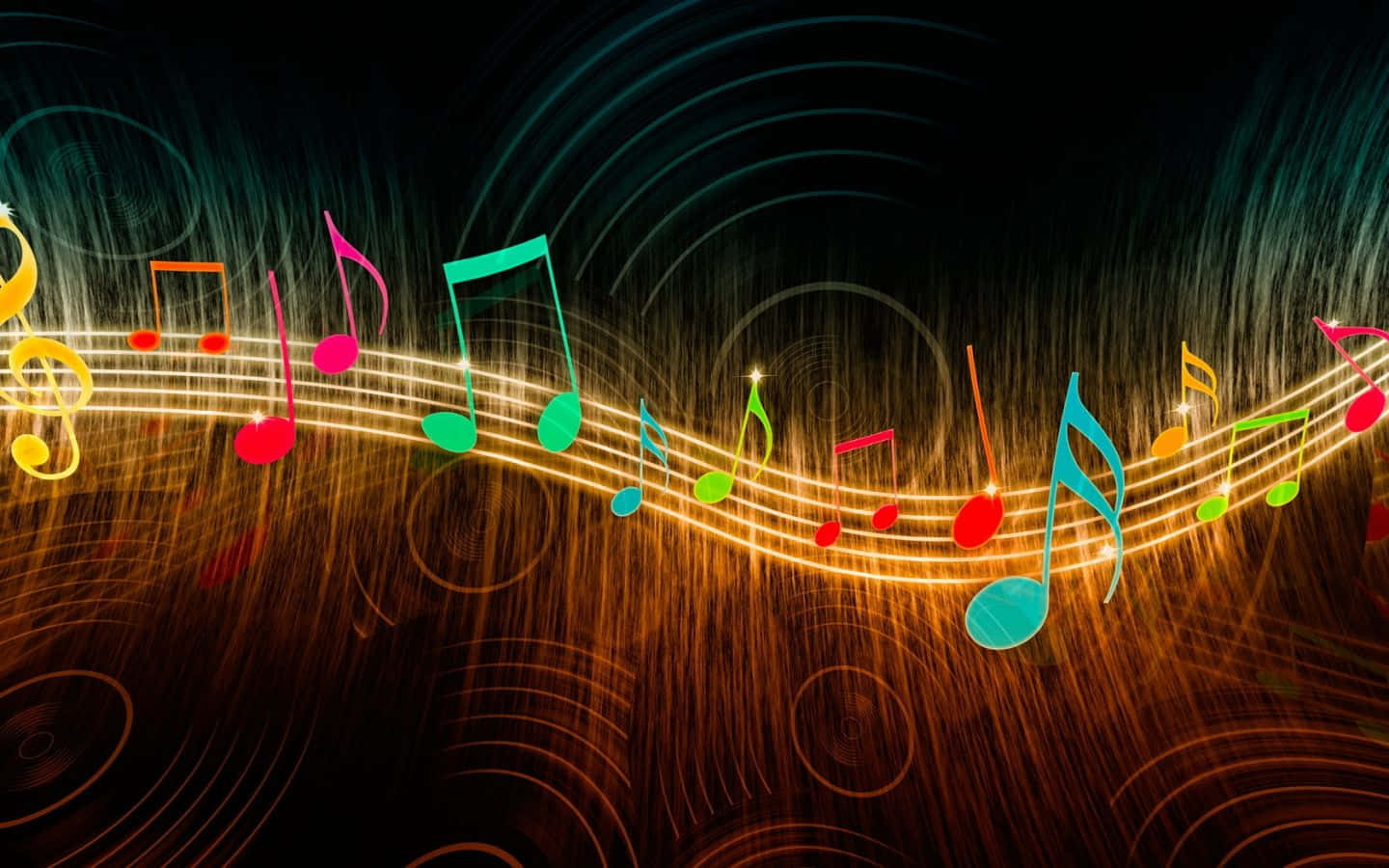Musical 桌布 壁紙 — 鮮豔的霓虹色音符沿著發光的金色五線譜漂浮，背景是帶有同心圓的深色漩渦。