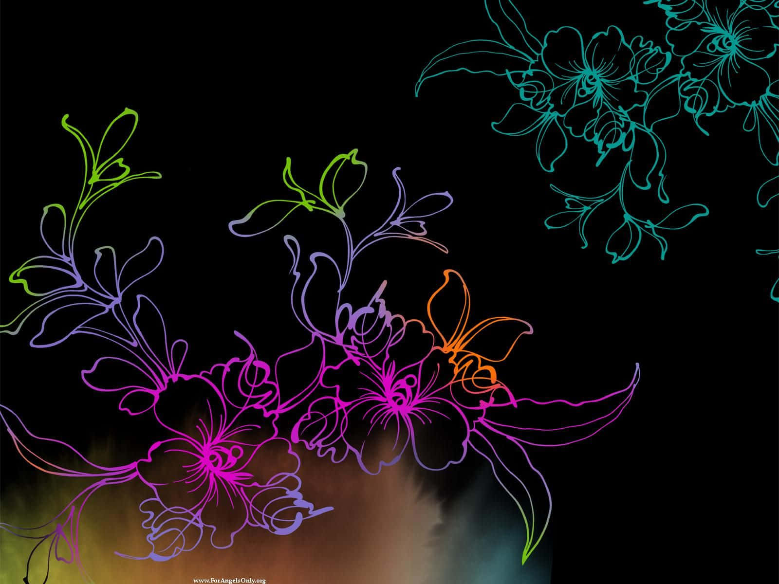Flower Art 桌布 壁紙 — 鮮豔的霓虹花卉輪廓在黑色背景上發光，底部帶有微妙的漸變污跡。