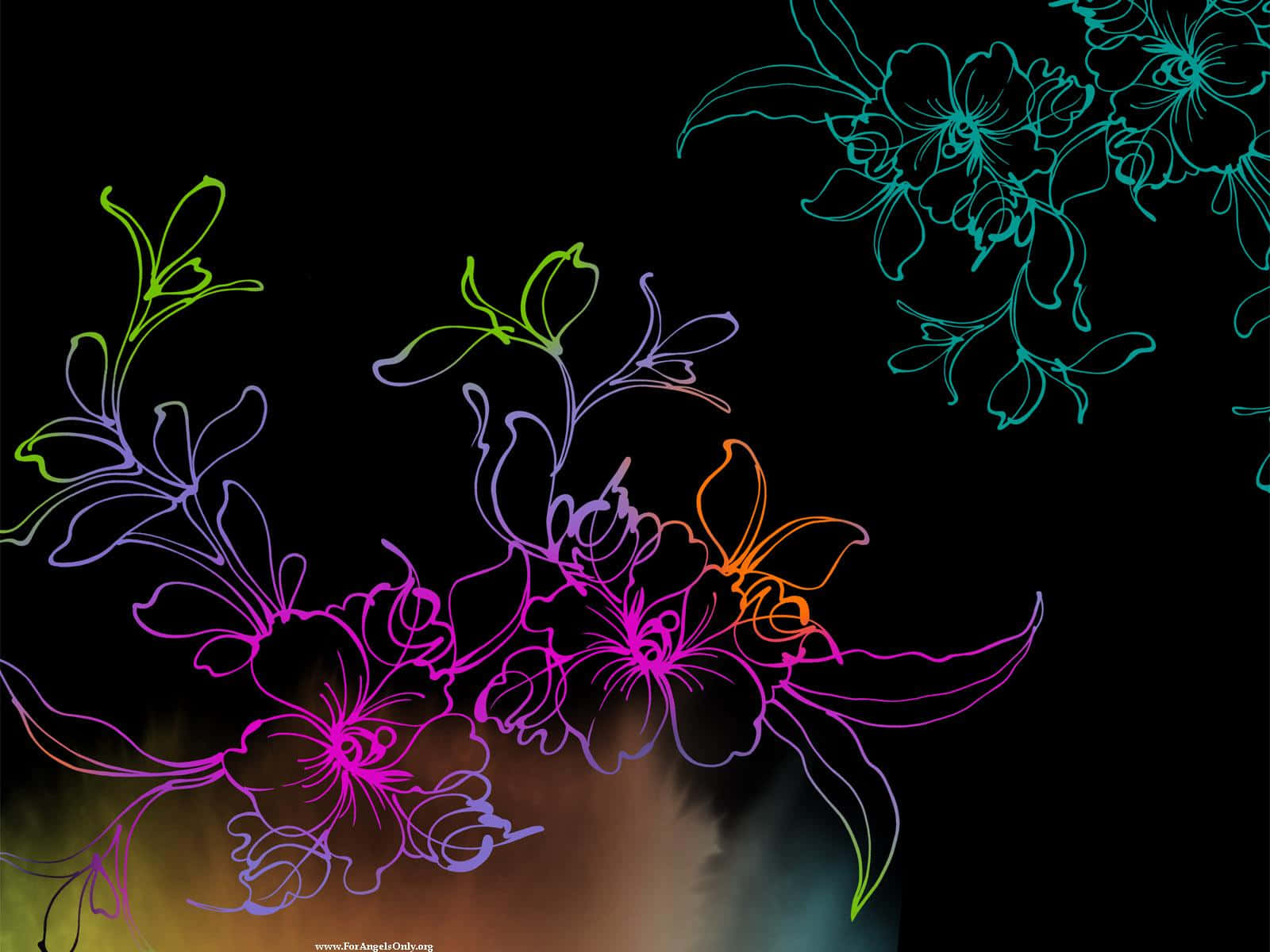 Floral Art 桌布 壁紙 — 鮮豔的霓虹花卉輪廓在黑色背景上發光，底部帶有微妙的漸變效果。