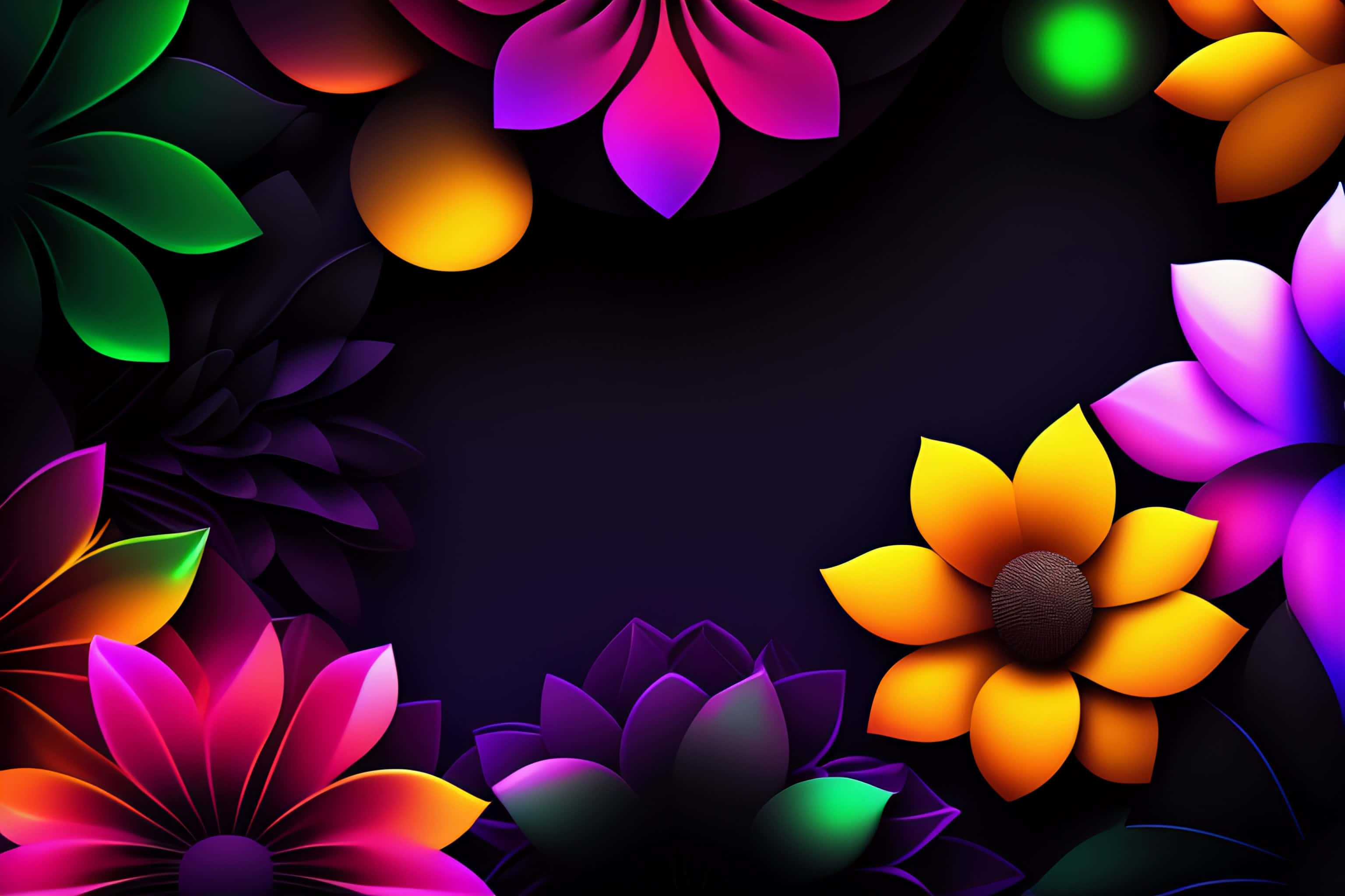 Minimalist Colorful 桌布 壁紙 — 鮮豔的霓虹花朵和葉子在深色背景上形成發光邊框，創造出大膽的數位藝術構圖。