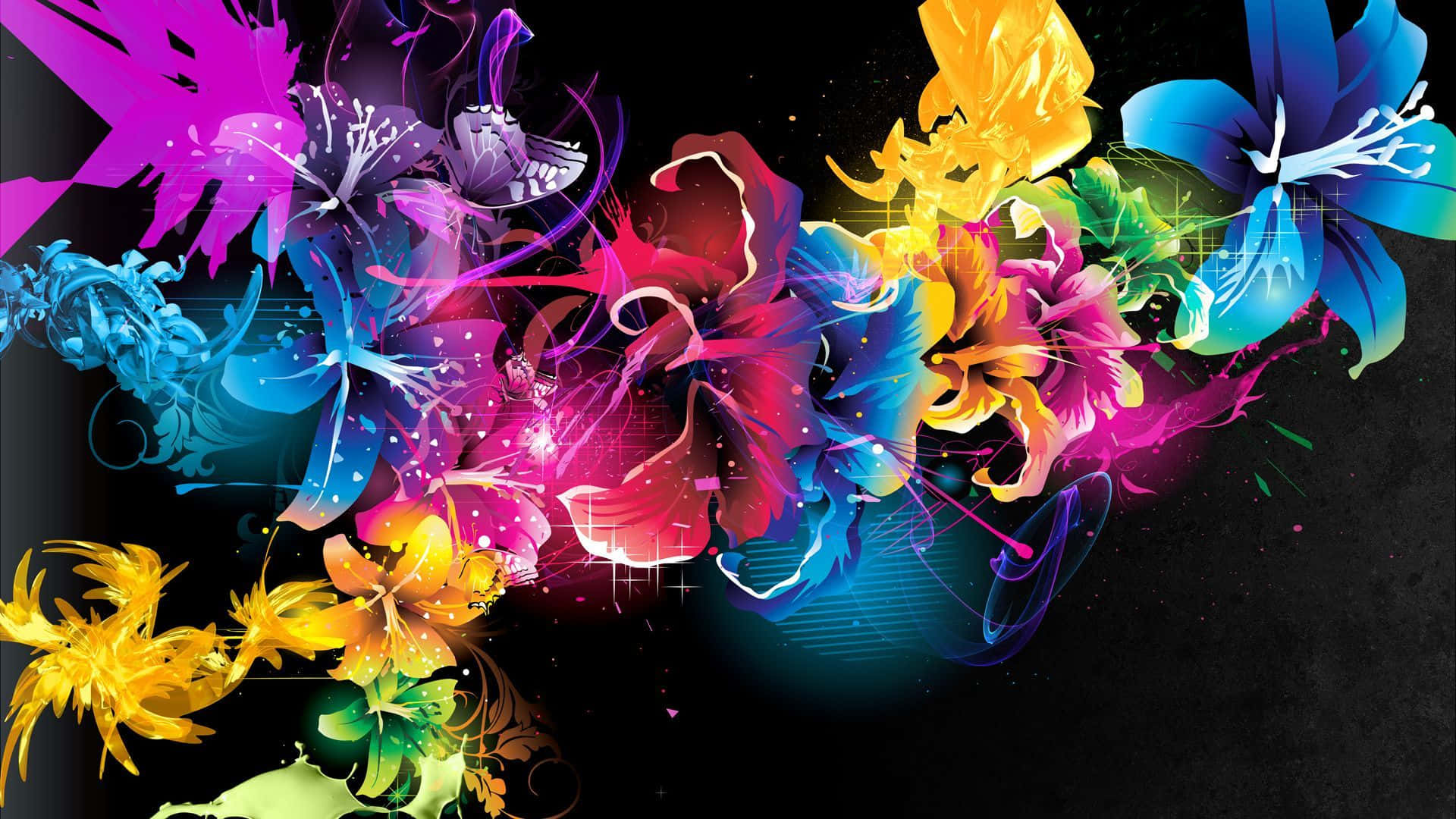 Flower Art 桌布 壁紙 — 鮮豔的霓虹花朵和蝴蝶在黑暗的宇宙背景下，於動態的數位漩渦中爆發。