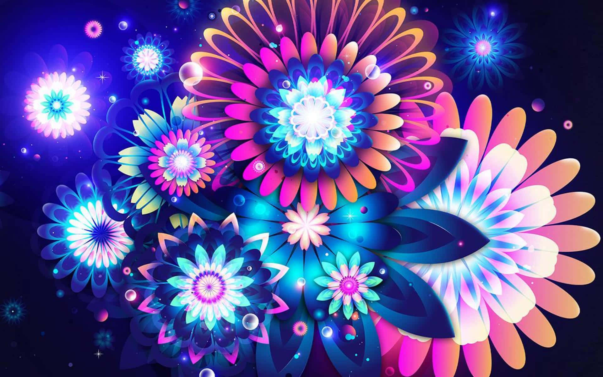 圖像 桌布 壁紙 — 鮮豔的霓虹花朵在宇宙深藍色背景上綻放，帶有發光粒子和星狀光點。