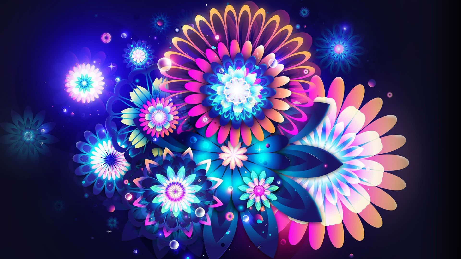 Neon Lights 桌布 壁紙 — 鮮豔的霓虹花朵在黑暗的宇宙背景下綻放，帶有發光粒子和星爆效果。