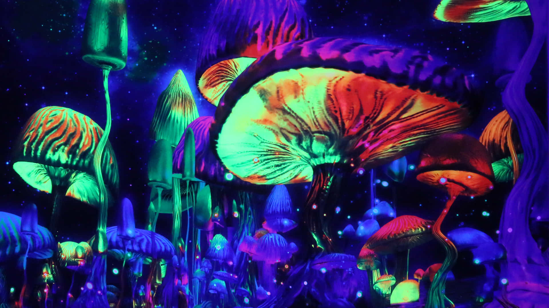 Trippy Mushroom 桌布 壁紙 — 鮮豔的霓虹蘑菇在星空下的宇宙森林中發光，帶有發光粒子。