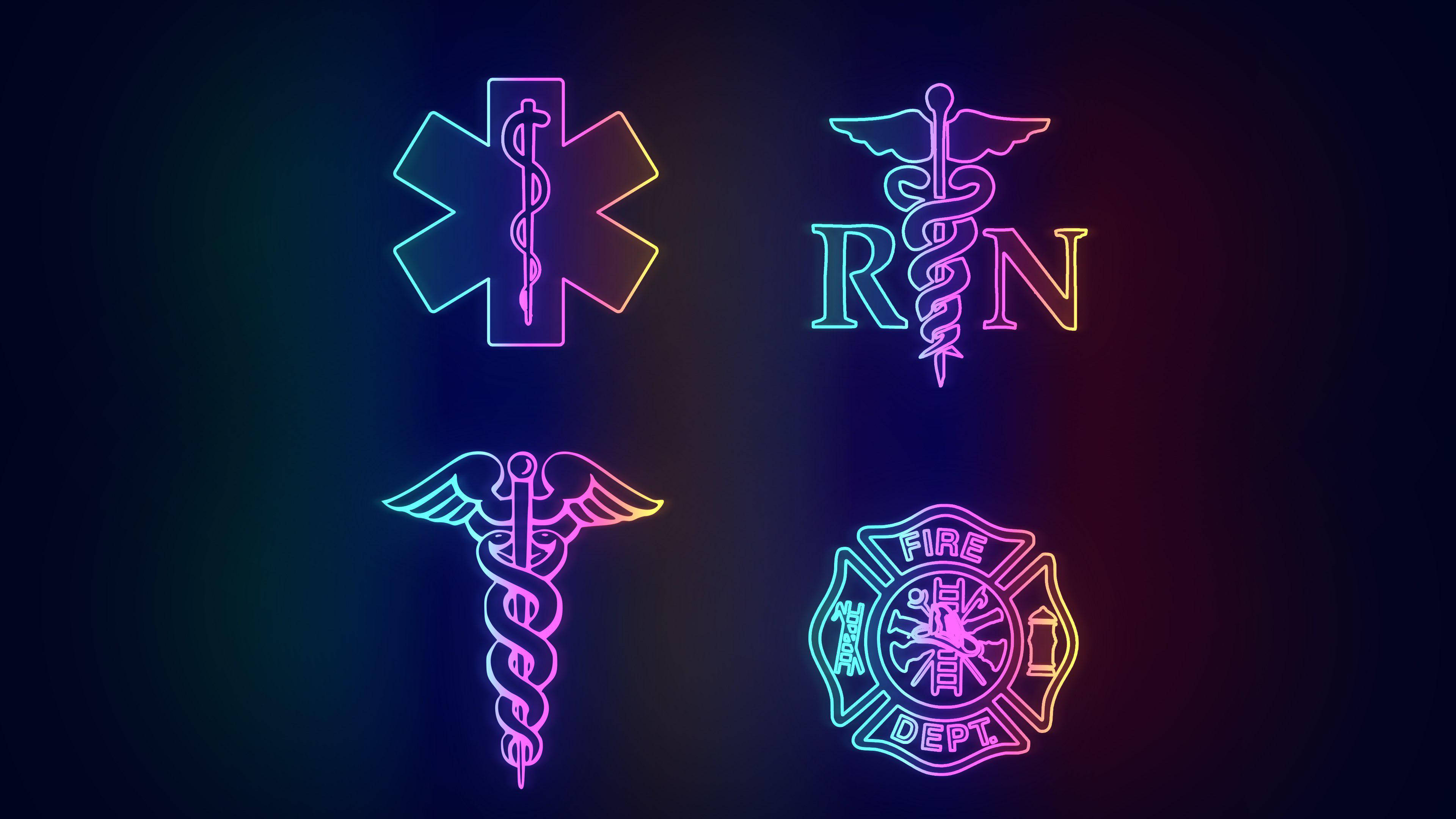 Logo 桌布 壁紙 — 鮮豔的霓虹輪廓醫療和緊急服務標誌在深色漸變背景上發光。