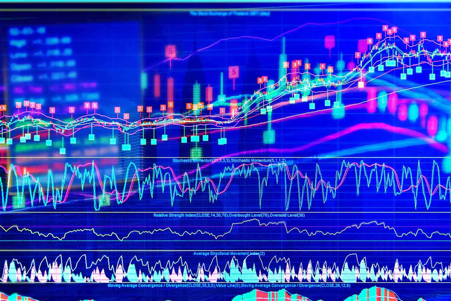 Stock Market 桌布 壁紙 — 鮮豔的霓虹金融圖表在數碼屏幕上發光，顯示複雜的股票市場數據，帶有發光的線條和指標。