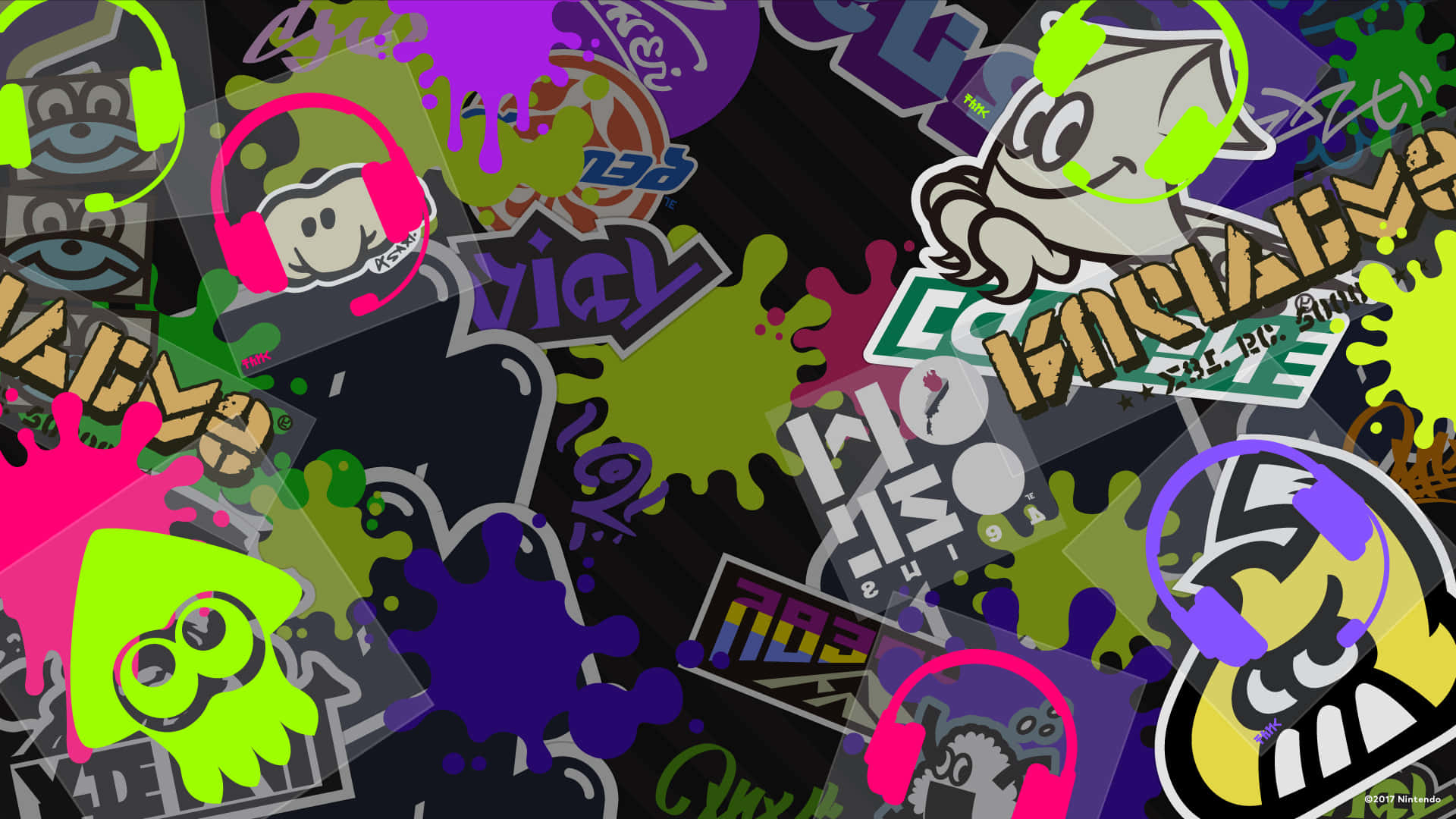 splatoon 桌布 壁紙 — 鮮豔的霓虹飛濺和卡通角色在黑暗背景上碰撞，形成混亂的塗鴉風格壁紙。