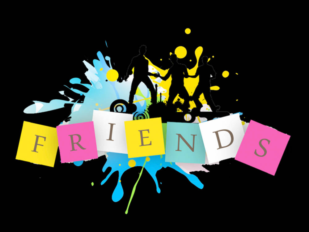 Friends Aesthetic 桌布 壁紙 — 鮮豔的顏料飛濺在黑色背景上手牽手的剪影朋友背後爆發，彩色撕紙字母拼出朋友。