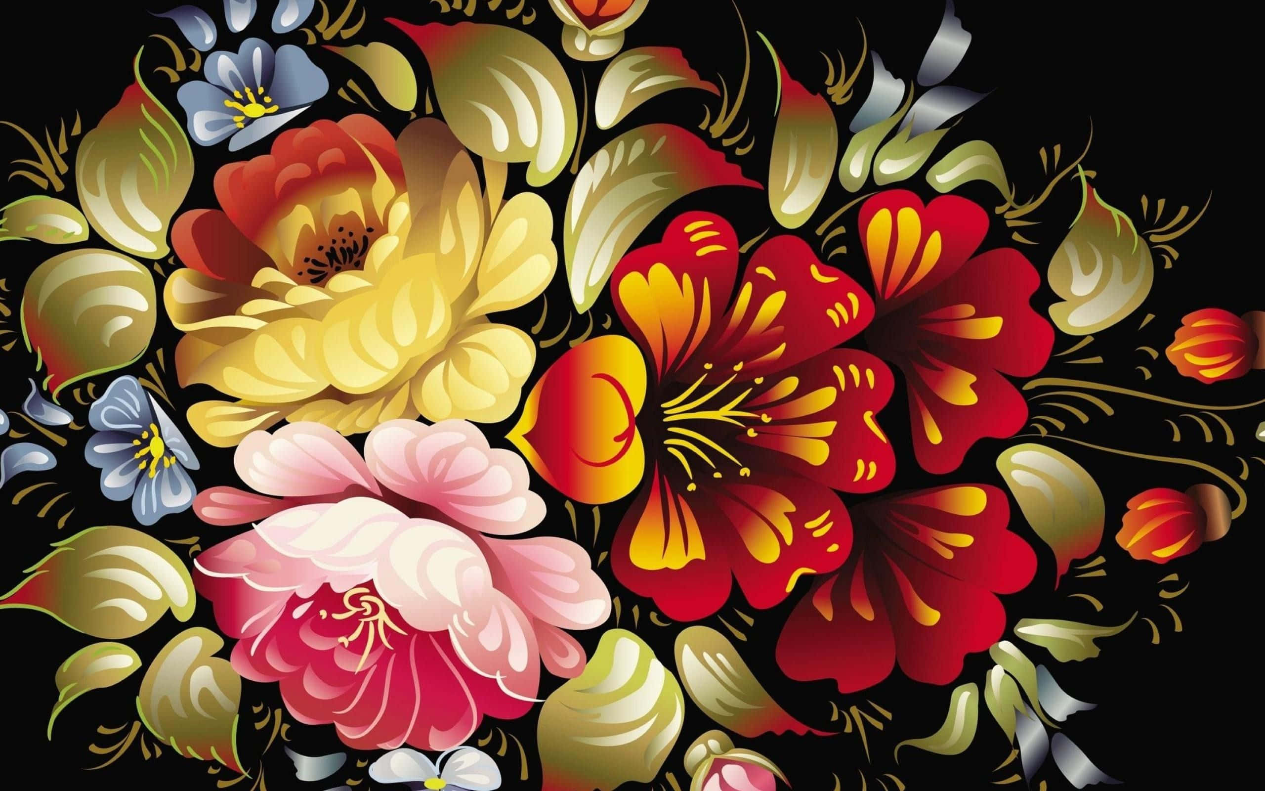 Flower Art 桌布 壁紙 — 鮮豔的風格化花朵，以紅、黃、粉紅和藍色在純黑背景上綻放，並飾有華麗的金色葉子。