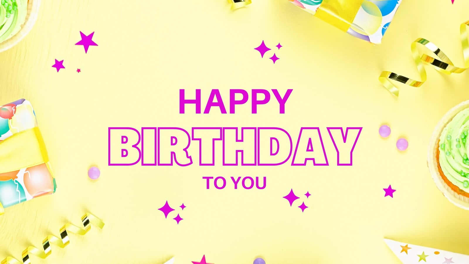 生日祝福 桌布 壁紙 — 鮮豔的黃色背景，粗體紫色文字寫著生日快樂，周圍環繞著派對裝飾和杯子蛋糕。