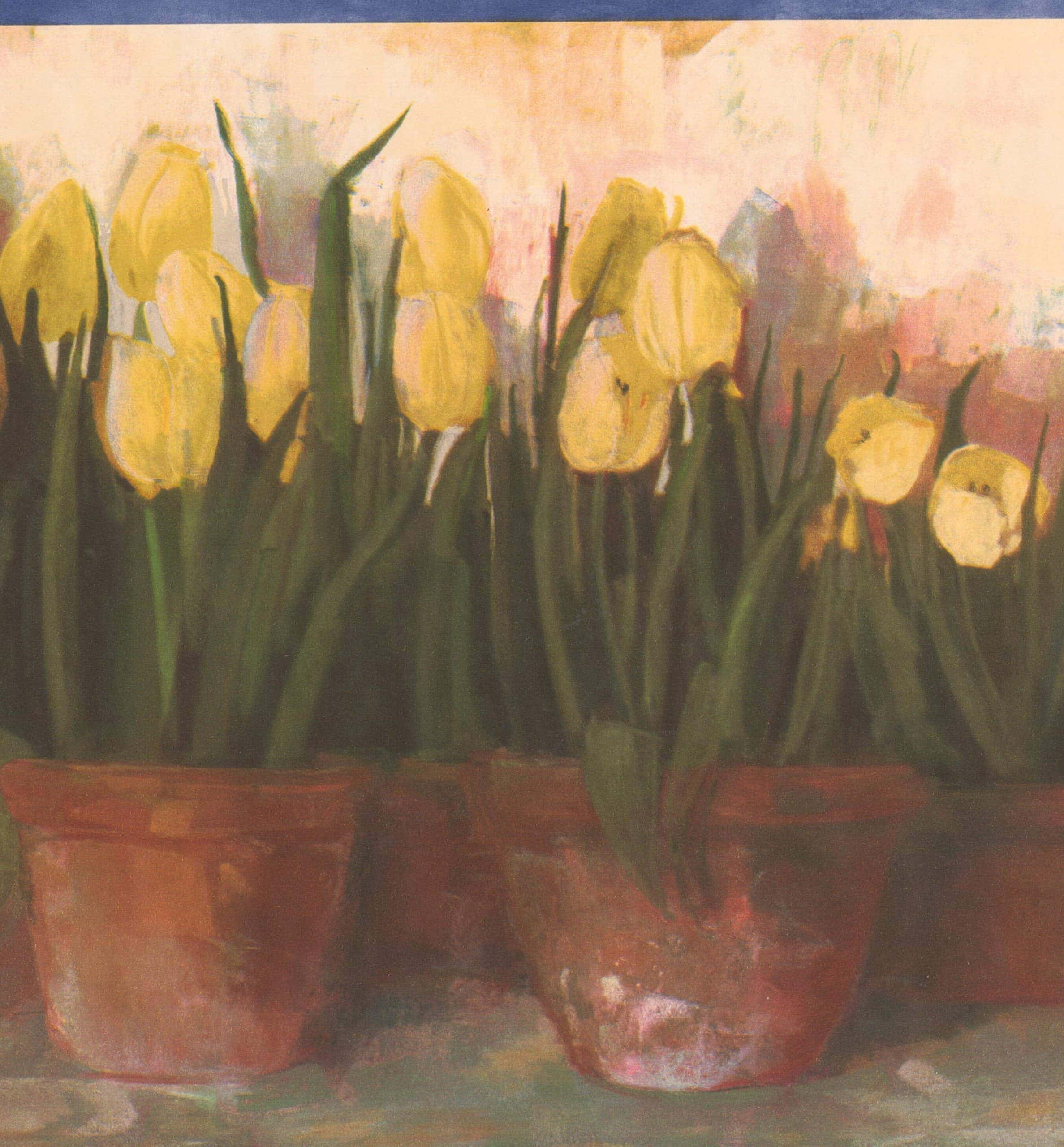 Yellow Tulips 桌布 壁紙 — 鮮豔的黃色鬱金香種在陶土花盆中，以柔和紋理的筆觸繪製，背景為溫暖的粉彩色。