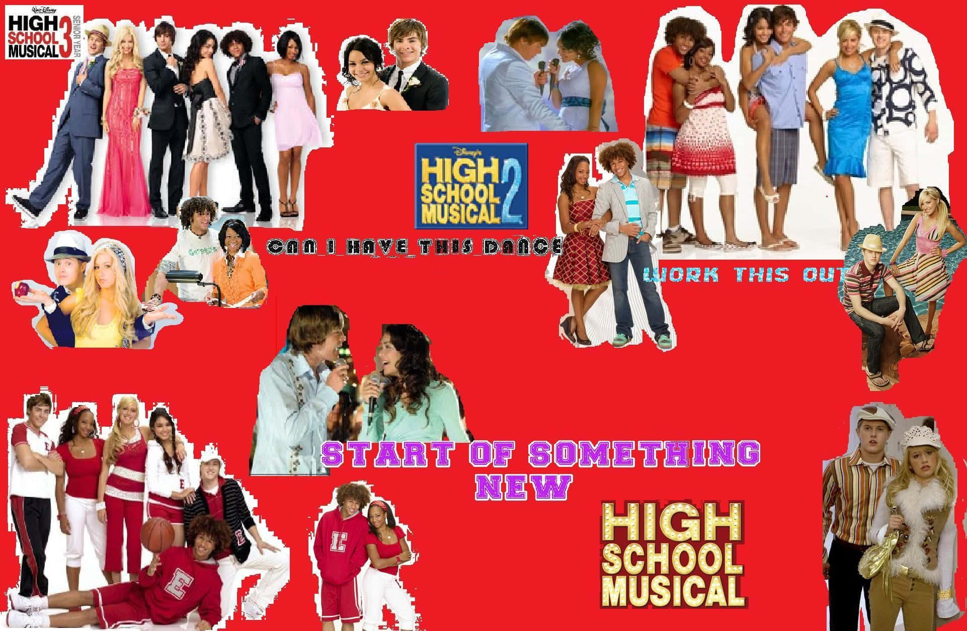 High School Musical 桌布 壁紙 — 鮮豔紅色背景拼貼，展示《歌舞青春》電影演員在各種場景和服裝中的形象。