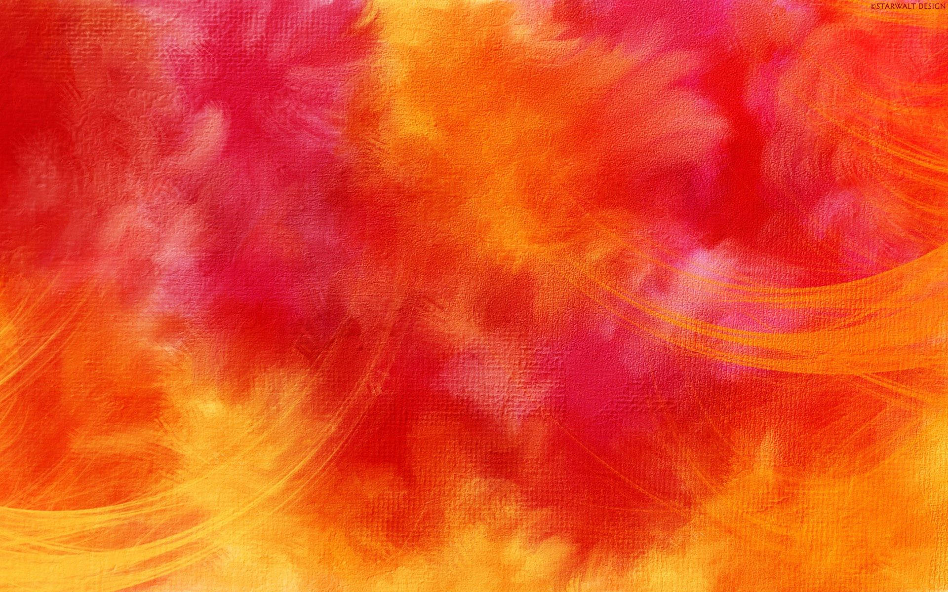 抽象畫，在紋理畫布上呈現旋轉的紅橙和粉紅色調。