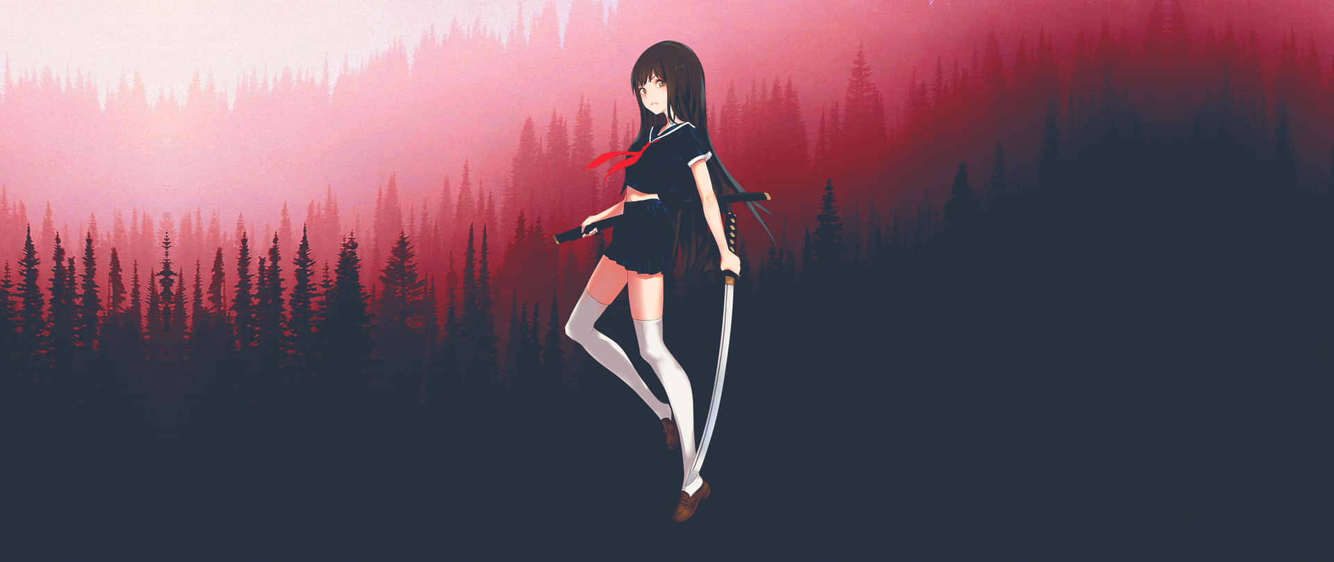 穿著校服的動漫女孩在粉紅色森林中持劍。