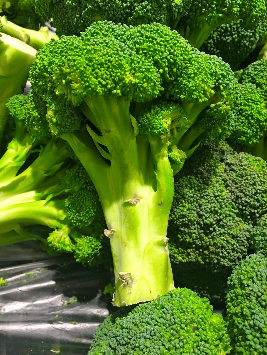 鮮豔綠色西蘭花 壁紙 — 特寫鏡頭下的鮮綠色西蘭花冠，帶有精細的花蕾和粗莖，置於深色反光表面上。