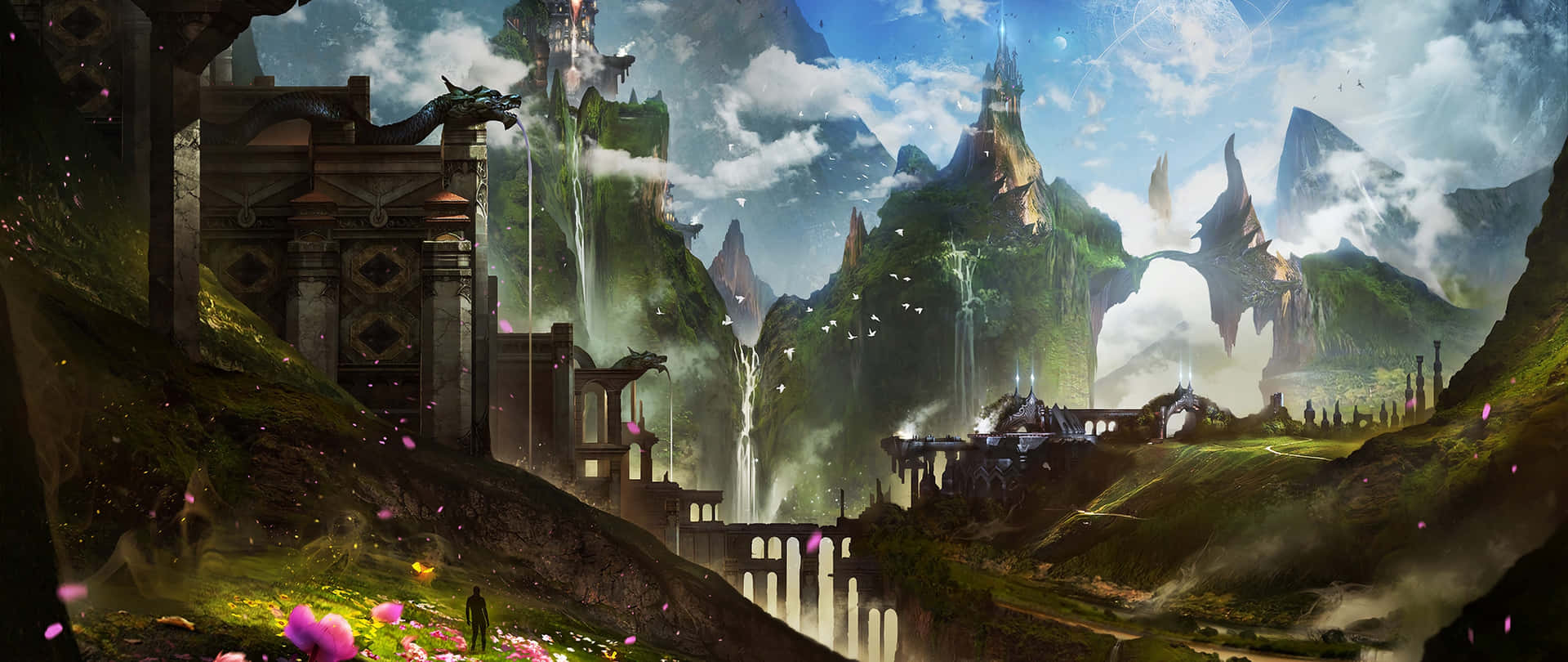 一位孤獨的旅人在充滿活力的奇幻山谷中探索古老廢墟，山谷中有浮空島嶼和瀑布。