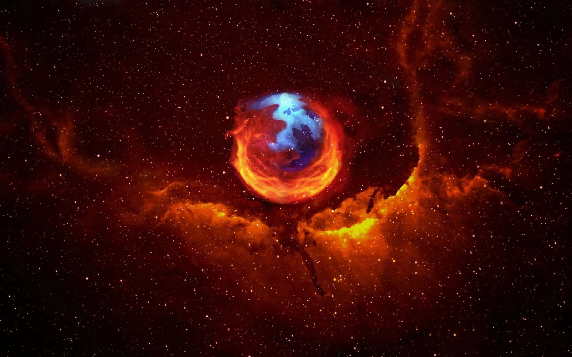 一顆藍色行星，被熾熱的橙色星雲環繞，在佈滿星星的太空場景中。