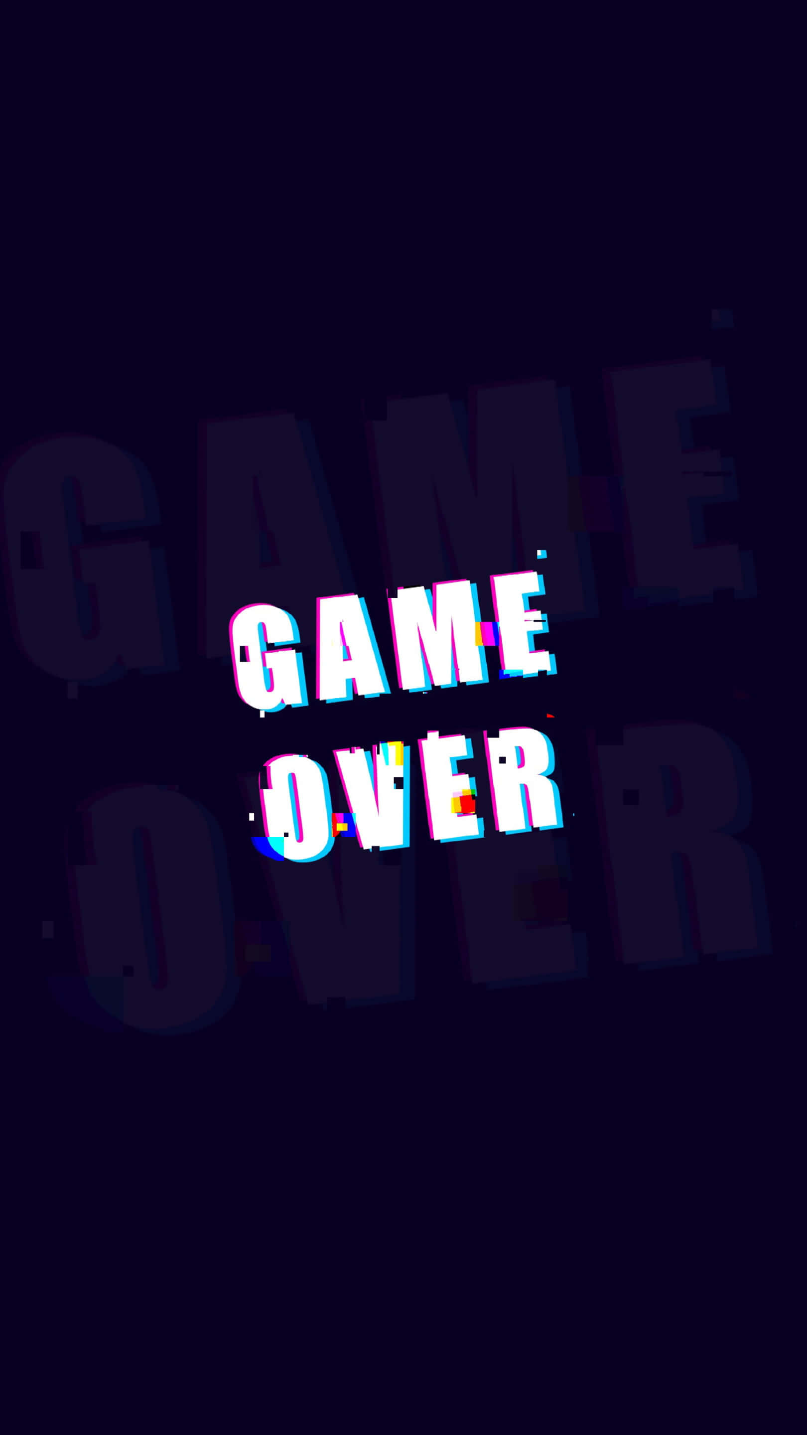 Dark Game Over 桌布 壁紙 — 鮮豔色彩的故障遊戲結束文字在深色背景上脈動，帶有褪色的重複字母。