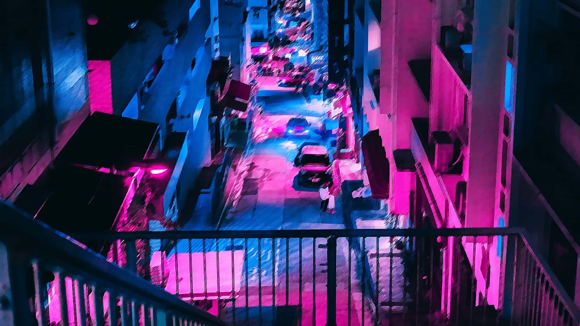 鮮豔藍與粉背景 壁紙 — 夜晚一條充滿霓虹燈的城市小巷，沐浴在電光粉紅和藍色燈光中，下方有人和汽車。