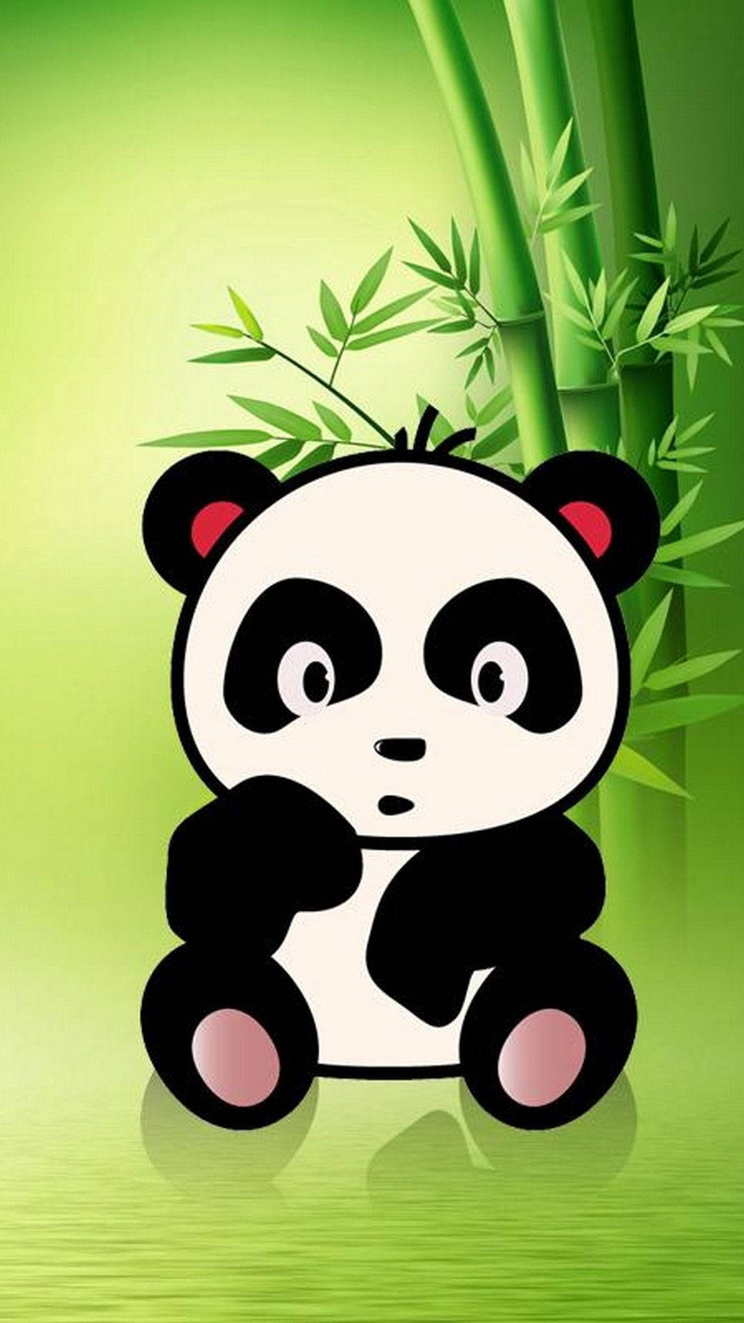 鮮豔藝術風格的可愛貓熊 壁紙 — 一隻可愛的卡通熊貓，粉紅色腳掌，坐在綠色漸變背景前的綠色竹莖前。