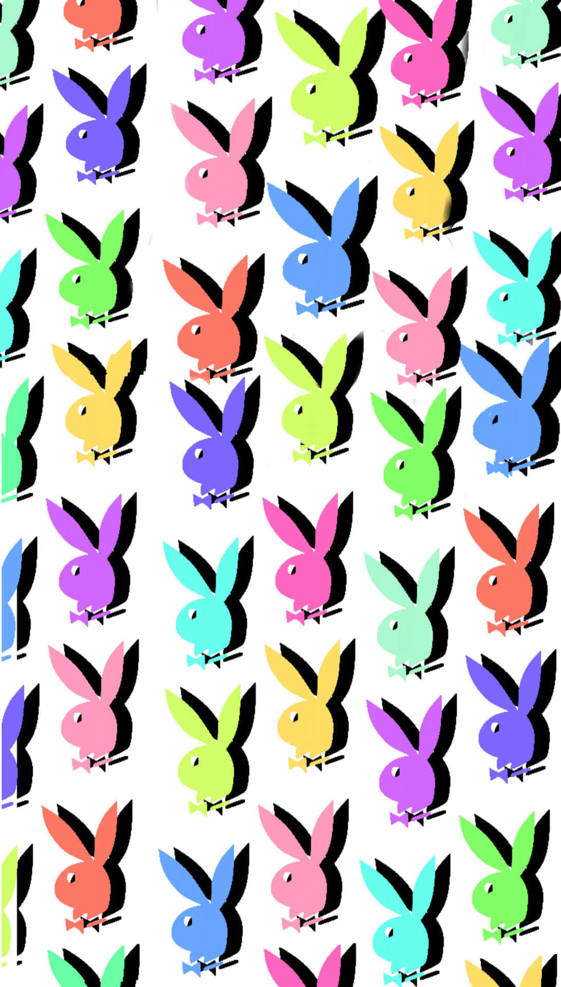 Playboy Aesthetic 桌布 壁紙 — 鮮豔重複的Playboy兔仔標誌，以大膽彩虹色調呈現，背景為純白色。