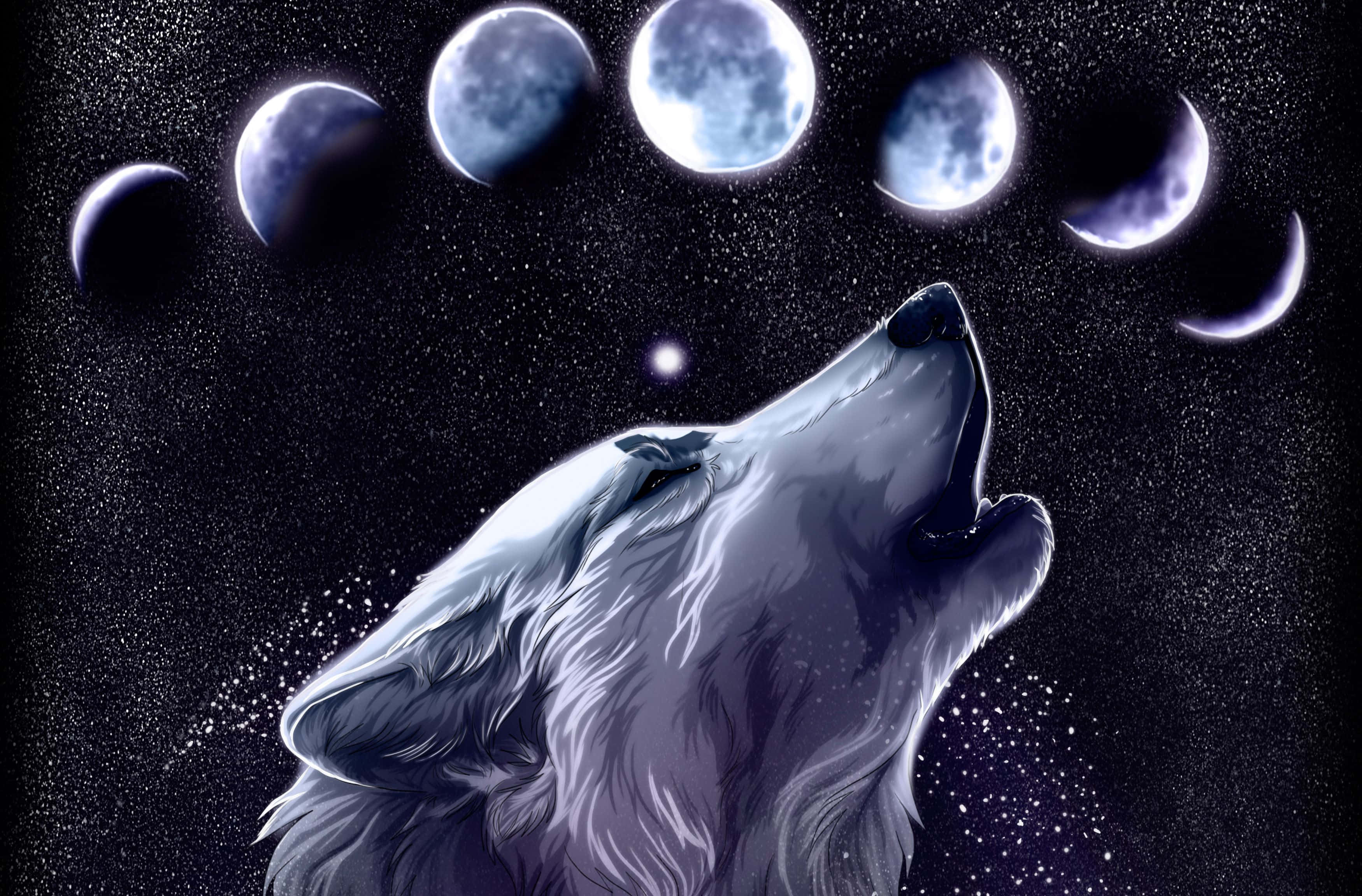 鮮豔銀河狼對比深色背景 壁紙 — 一隻雄偉的白狼在星空夜空下，於發光的月相天弧之下向上嚎叫。