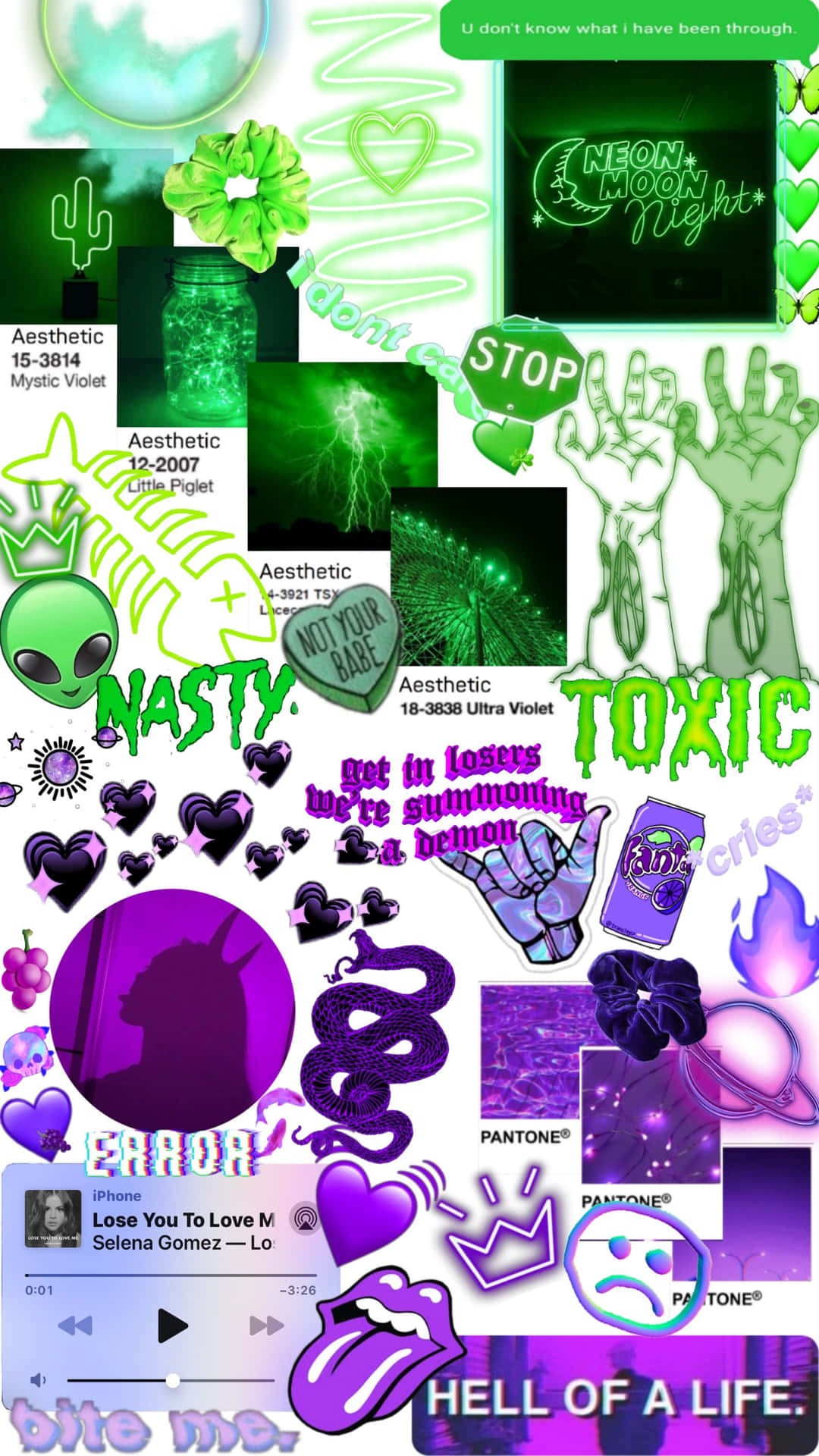 霓虹綠和紫色數位拼貼，帶有毒美學貼紙和 emo 歌詞。