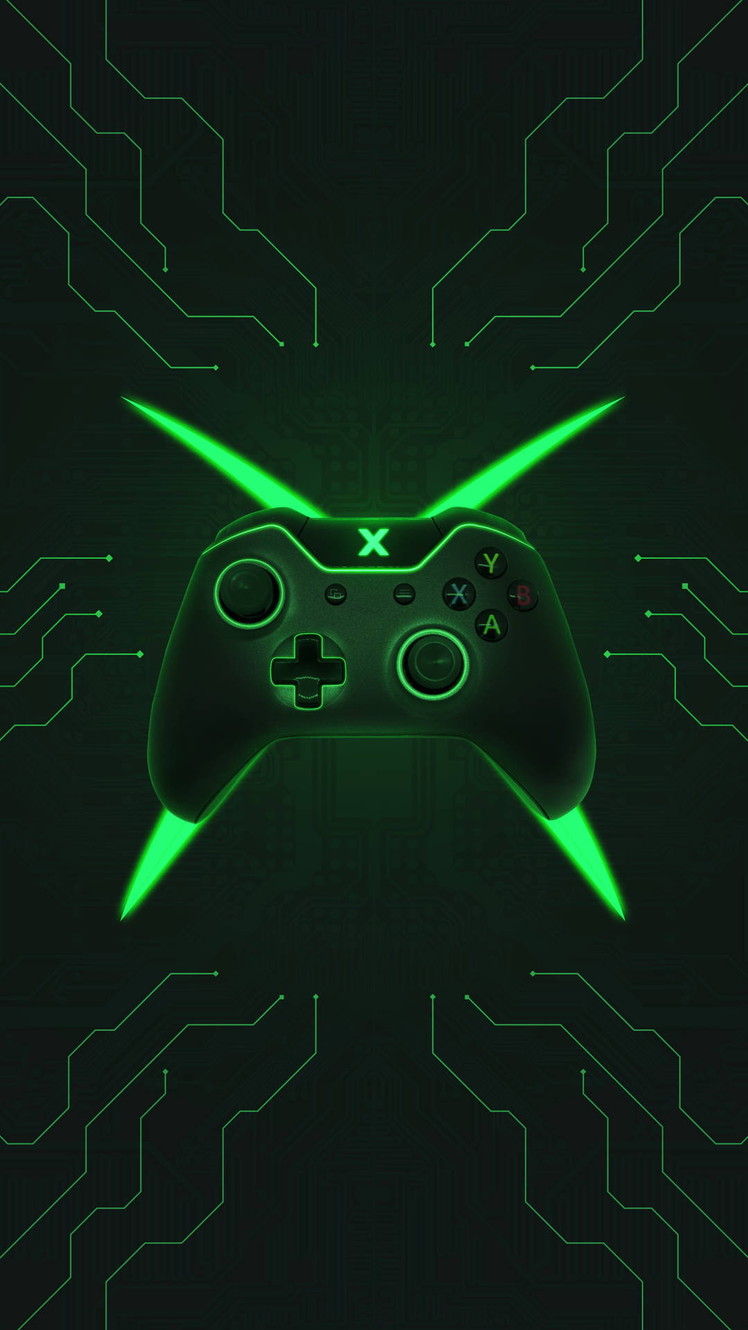發光綠色Xbox控制器在黑暗電路板背景上