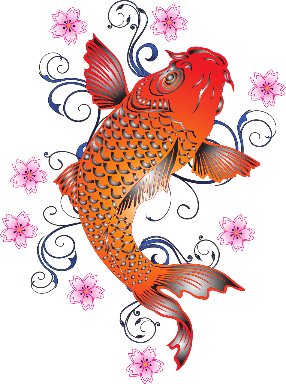 鮮豔鯉魚插畫 壁紙 — 鮮豔的橙色金屬鱗片錦鯉在黑色背景上，伴隨著粉紅色的櫻花和藍色漩渦優雅地游動。