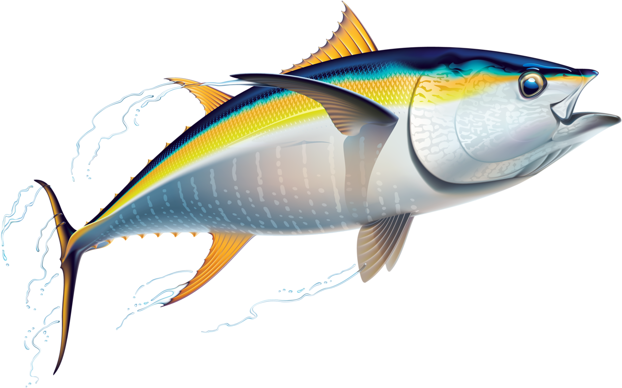 鮮豔黃鰭金槍魚插圖 壁紙 — 一條充滿活力的黃鰭吞拿魚在純黑背景下以動態動作躍出水面。