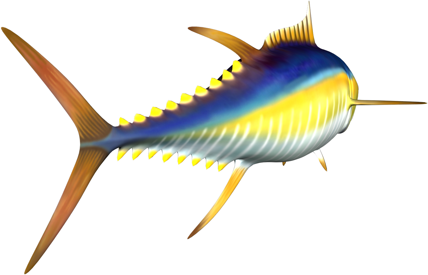 鮮豔黃鰭金槍魚插畫 壁紙 — 一條充滿活力的黃鰭吞拿魚在黑暗的水中滑行，帶有虹彩藍色和金色條紋以及鋒利的背鰭棘。