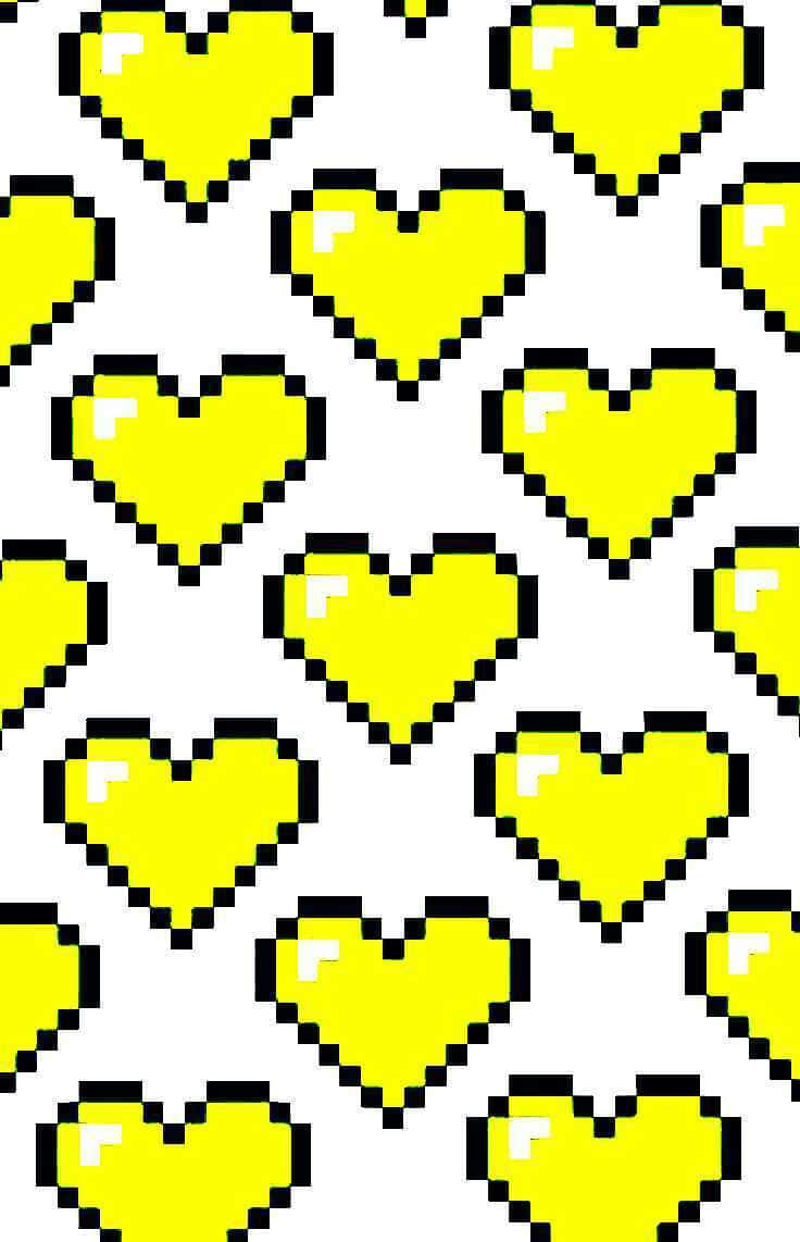 Yellow Heart 桌布 壁紙 — 鮮黃色像素心形圖案，帶有粗黑輪廓，在純白背景上以重複圖案漂浮。