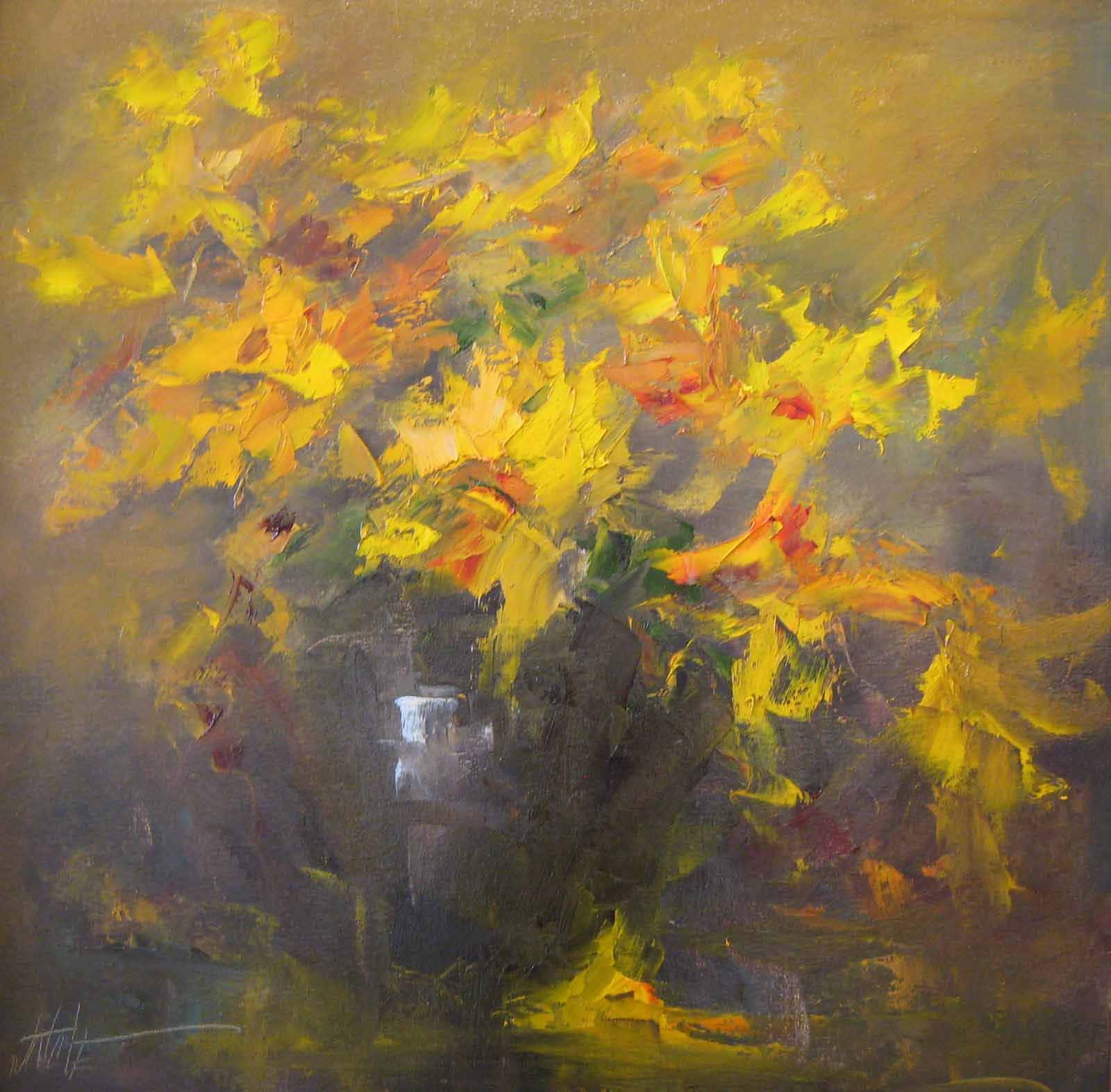Yellow Art 桌布 壁紙 — 鮮黃色和橙色的葉子從一個深色花瓶中迸發出來，這是一幅帶有溫暖金色色調的紋理油畫。
