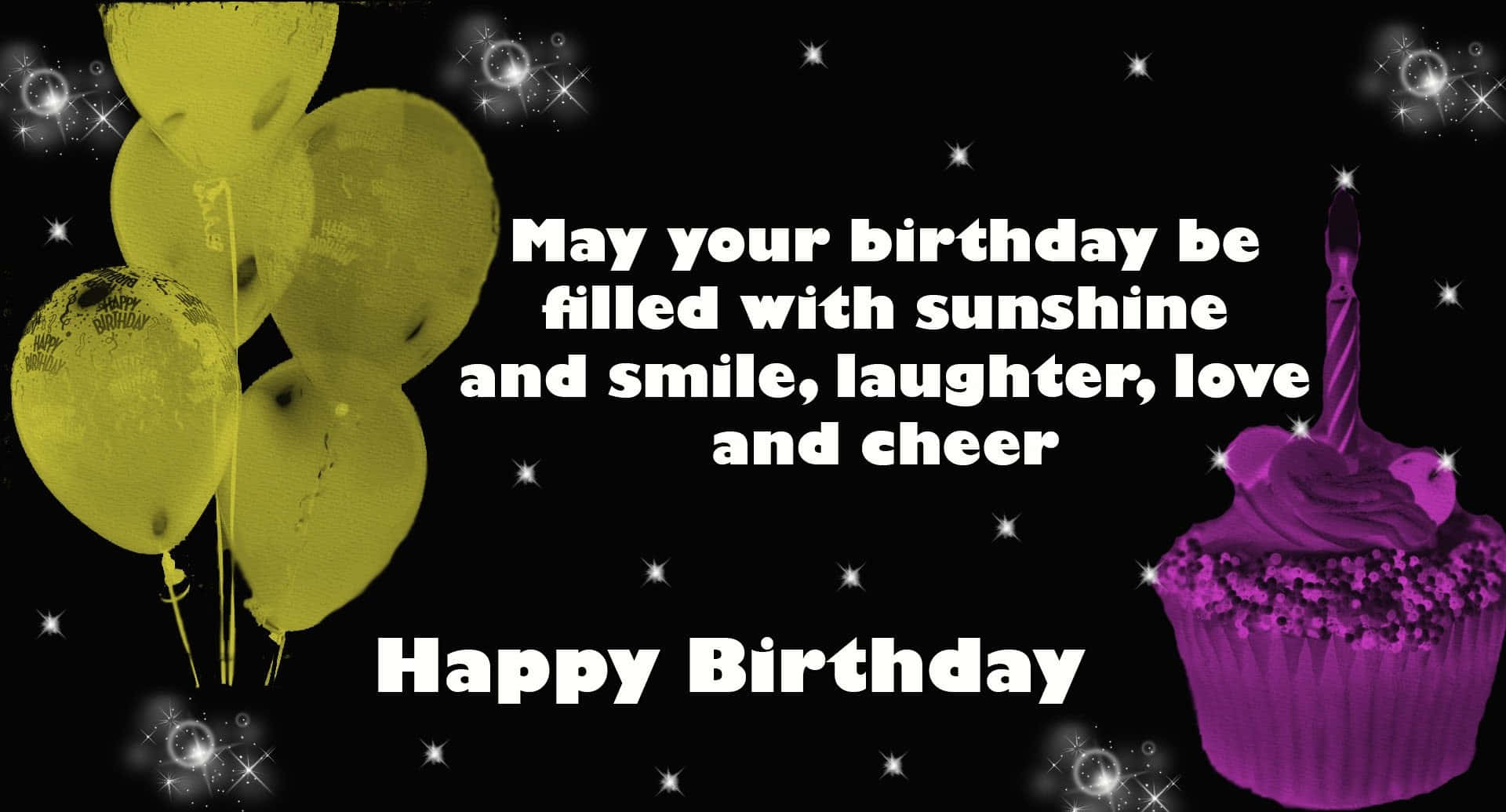 Birthday Wishes 桌布 壁紙 — 鮮黃色氣球和紫色紙杯蛋糕在閃爍的黑色背景上，配合節日文字，慶祝生日的喜悅。