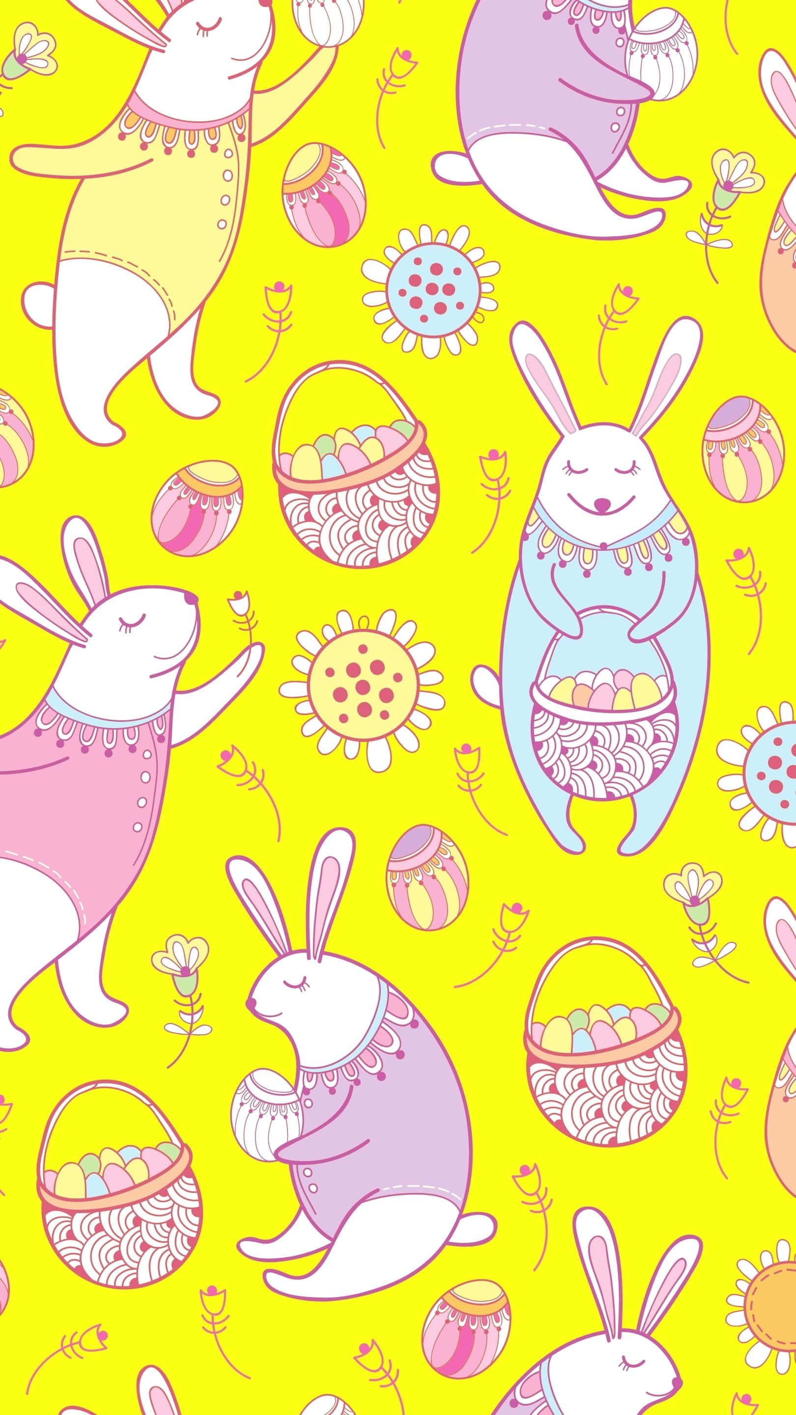 Kawaii Bunny 桌布 壁紙 — 鮮黃色牆紙，有可愛的粉彩兔子拿著復活節蛋和籃子，周圍環繞著花朵。