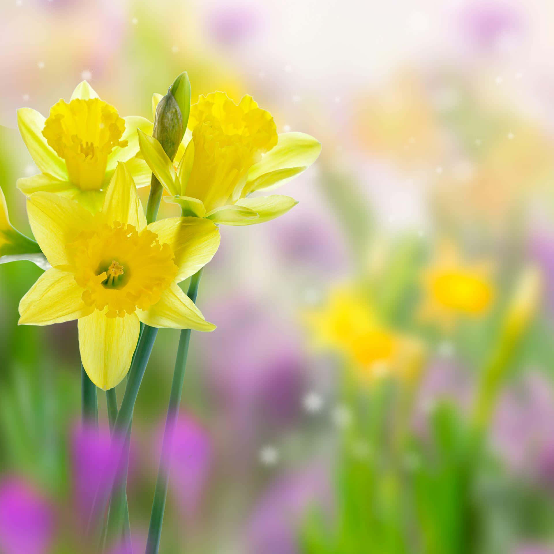 Yellow Daffodils 桌布 壁紙 — 鮮黃色的水仙花在柔和的紫色和綠色模糊花園背景下明亮綻放。